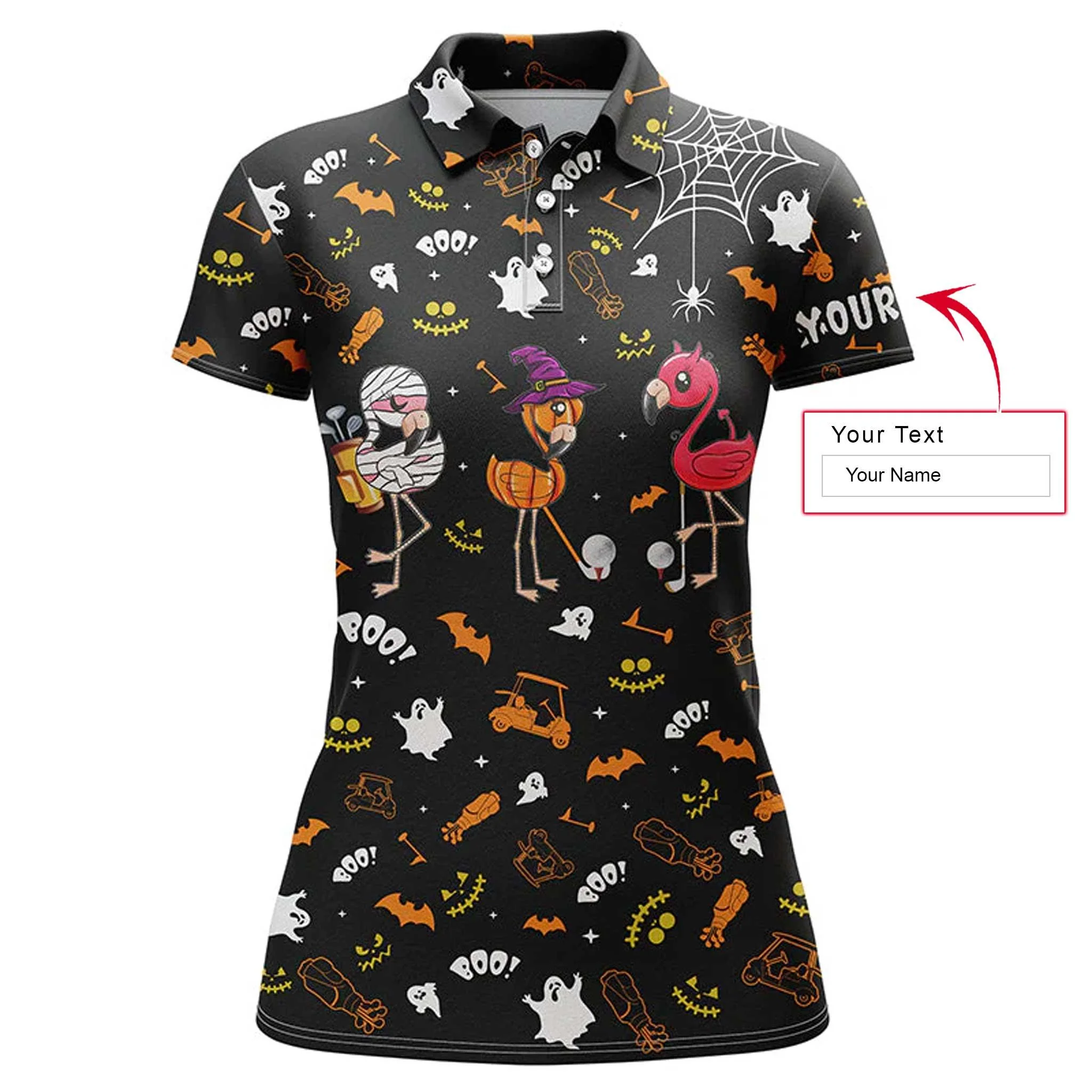 Flamingo Halloween Custom Name Women Polo Shirt, Funny Orange Black Halloween Background Personalized Women Polo Shirts, Gift For Flamingo Lovers