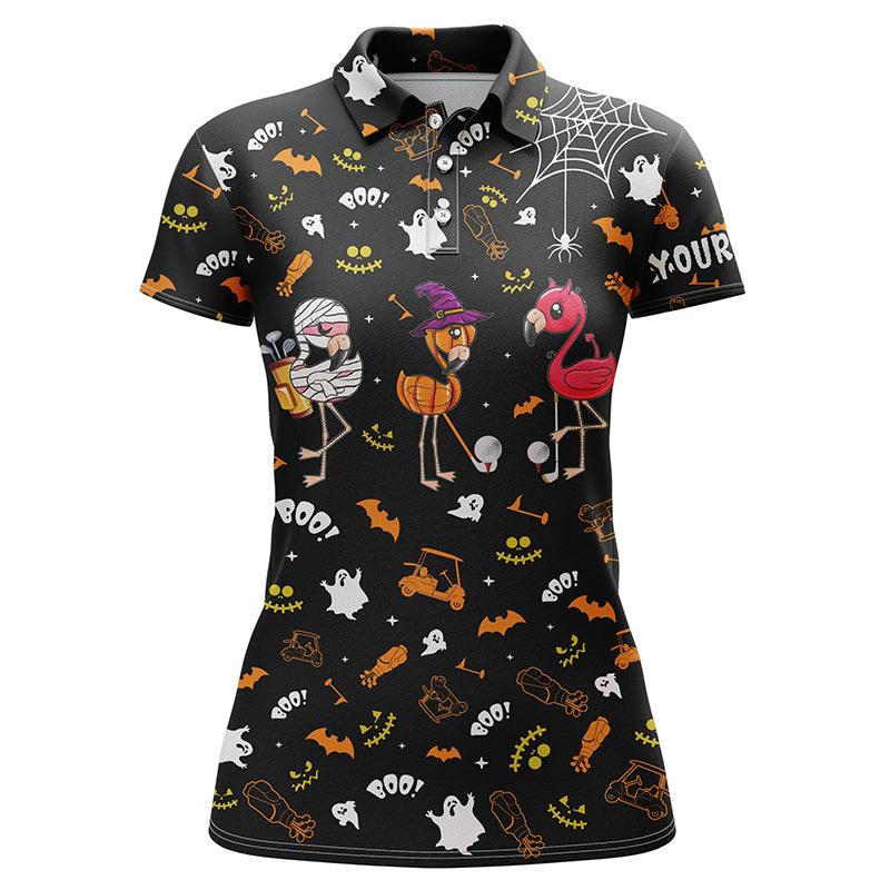 Flamingo Halloween Custom Name Women Polo Shirt, Funny Orange Black Halloween Background Personalized Women Polo Shirts, Gift For Flamingo Lovers - Image 2