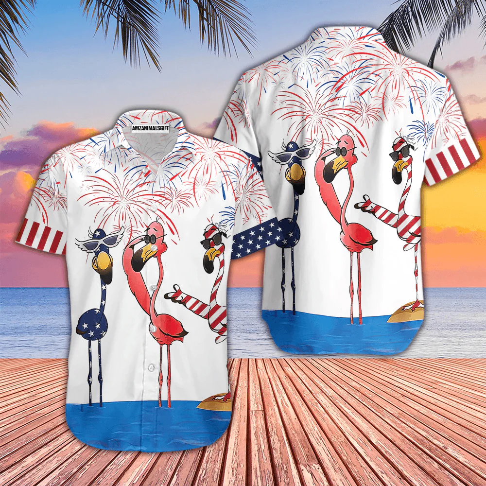 Flamingo On Beach American Flag Firework Aloha Hawaiian Shirts For Men Women, 4th Of July Gift For Summer, Friend, Family, Independence Day - Image 2