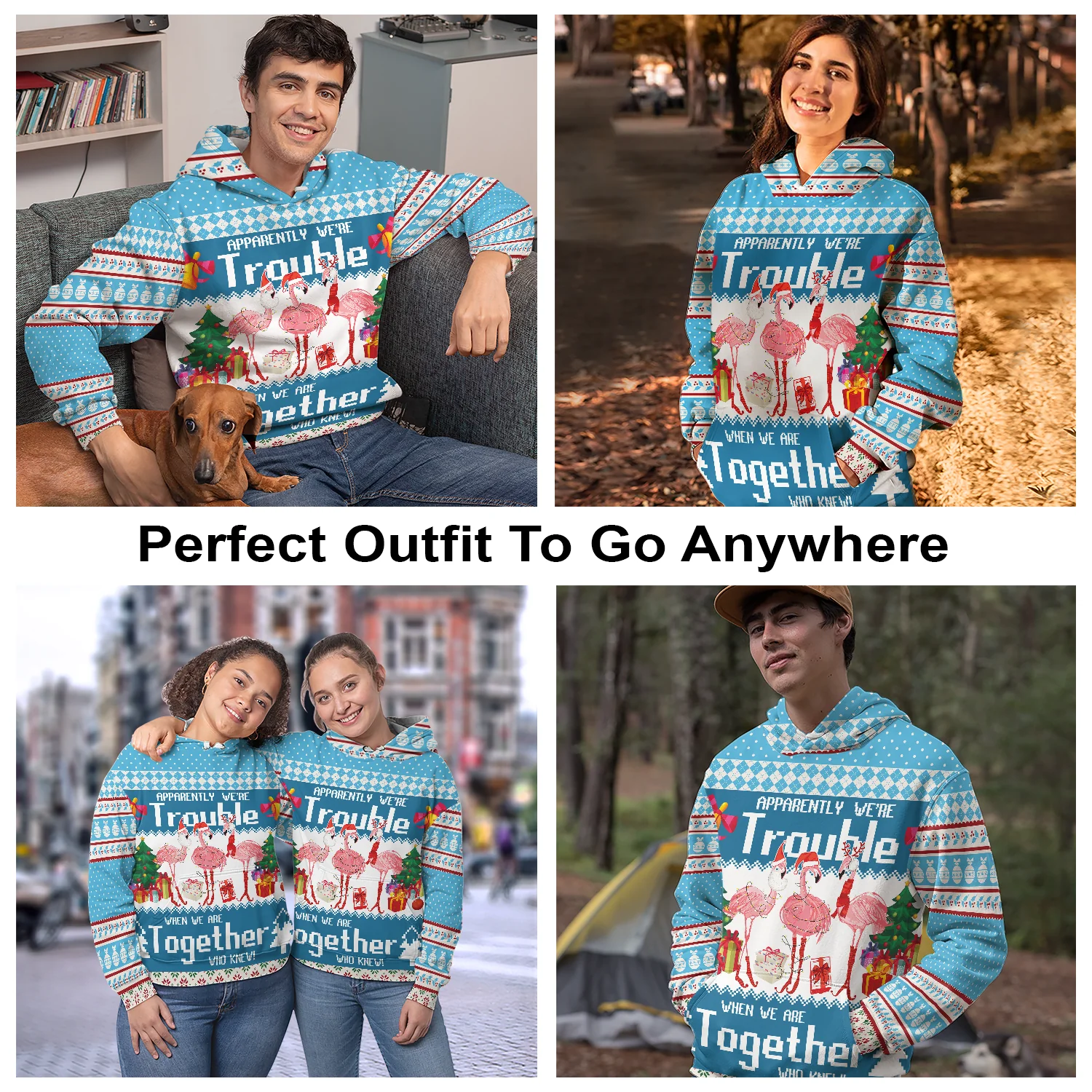 Flamingo Pattern Pullover Premium Hoodie Apparently We're Trouble, Perfect Outfit For Men And Women On Christmas New Year Autumn Winter - Image 3