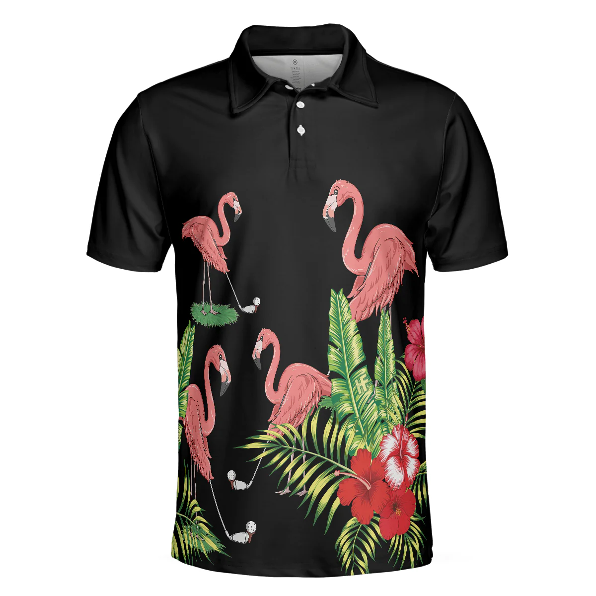 Flamingo Playing Golf And Tropical Pattern Polo Shirt, Pink Flamingo Short Sleeve Polo Shirt For Golfers - Image 3