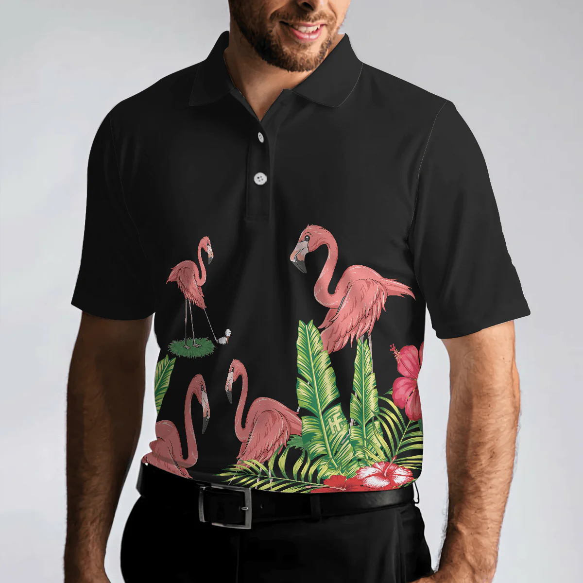 Flamingo Playing Golf And Tropical Pattern Polo Shirt, Pink Flamingo Short Sleeve Polo Shirt For Golfers - Image 5