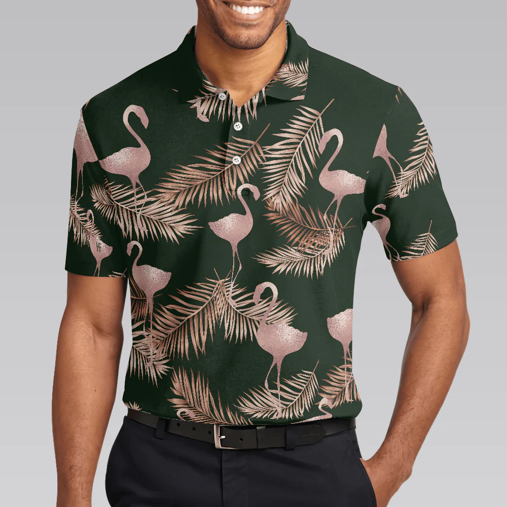 Flamingo Rose Gold Pattern Polo Shirt, Flamingo Themed Polo Shirt For Adults, Rose Gold Short Sleeve Shirt, Gift For Flamingo Lovers - Image 4