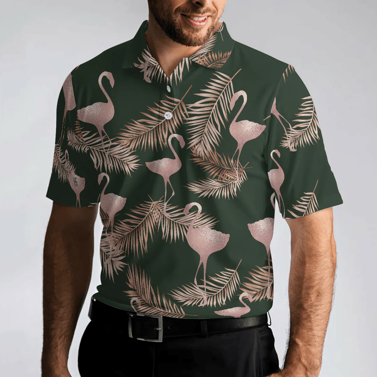 Flamingo Rose Gold Pattern Polo Shirt, Flamingo Themed Polo Shirt For Adults, Rose Gold Short Sleeve Shirt, Gift For Flamingo Lovers - Image 5
