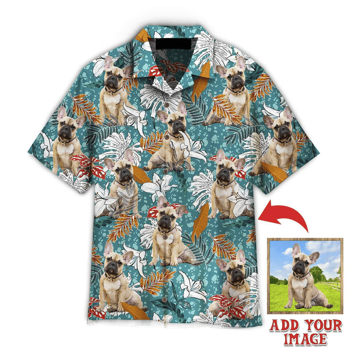 French Bulldog Tropical Leaves And Lily Flowers Summer Custom Photo Hawaiian Shirt, Personalized Hawaiian Shirts - Perfect Gift For Dog Lovers, Family, Friends - Image 2