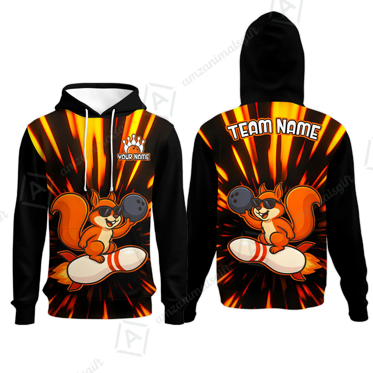 Funny Bowling Custom Polo T-Shirt - Fun Cartoon Flame With Squirrel Wearing Sunglasses, Personalized Bowling Jersey Polo Shirts - Image 10