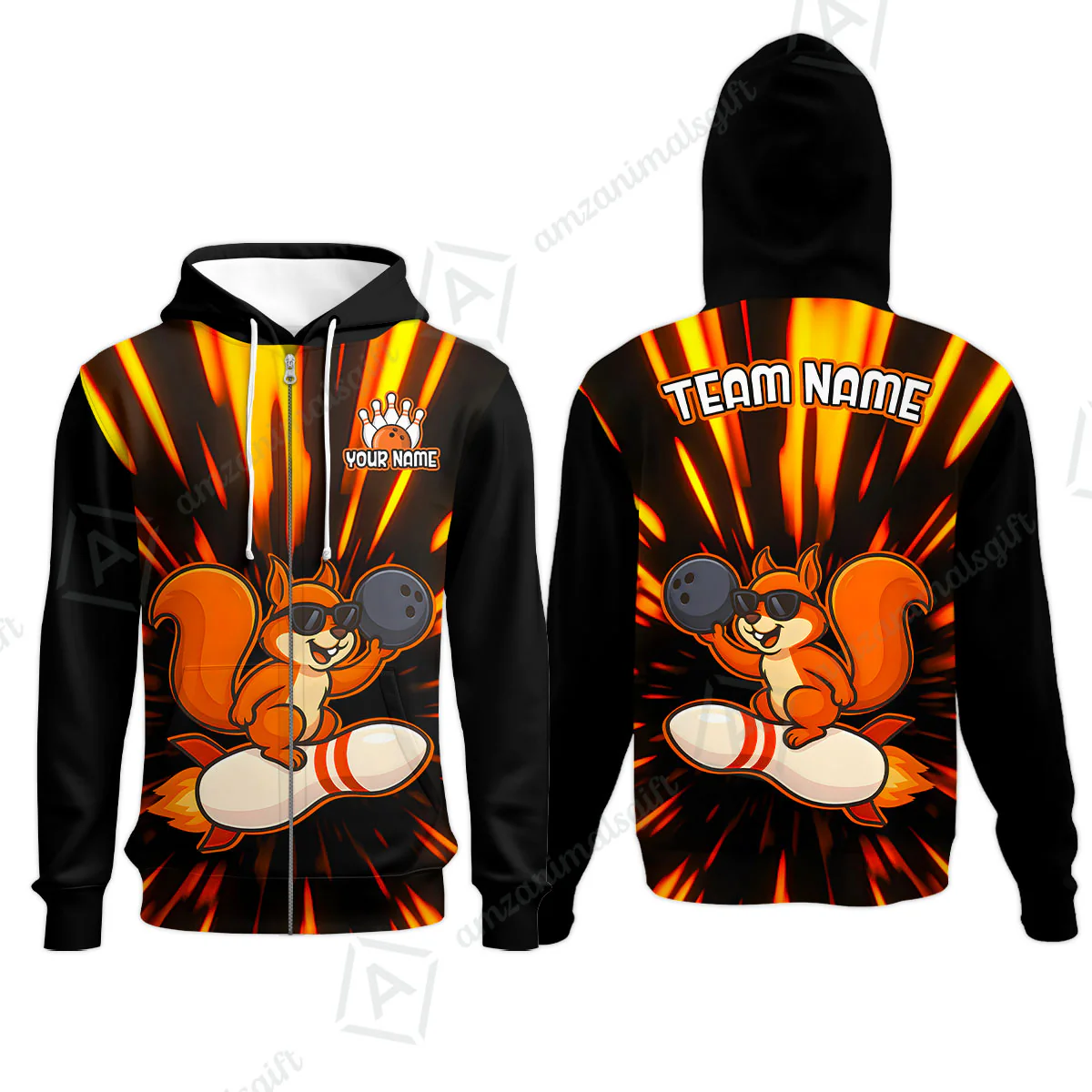 Funny Bowling Custom Polo T-Shirt - Fun Cartoon Flame With Squirrel Wearing Sunglasses, Personalized Bowling Jersey Polo Shirts - Image 11