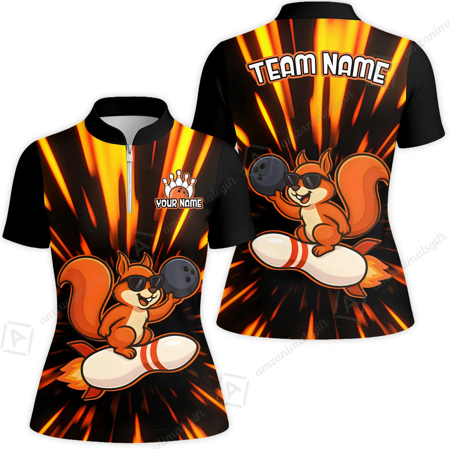 Funny Bowling Custom Polo T-Shirt - Fun Cartoon Flame With Squirrel Wearing Sunglasses, Personalized Bowling Jersey Polo Shirts - Image 12