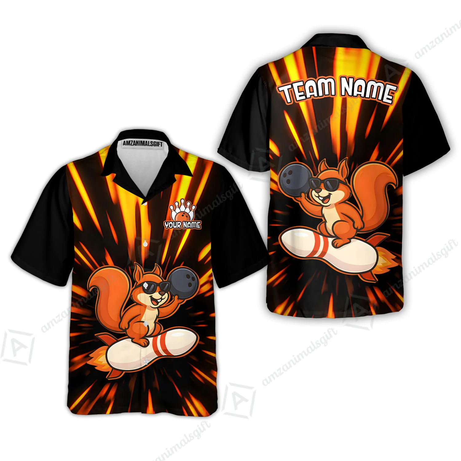 Funny Bowling Custom Polo T-Shirt - Fun Cartoon Flame With Squirrel Wearing Sunglasses, Personalized Bowling Jersey Polo Shirts - Image 3