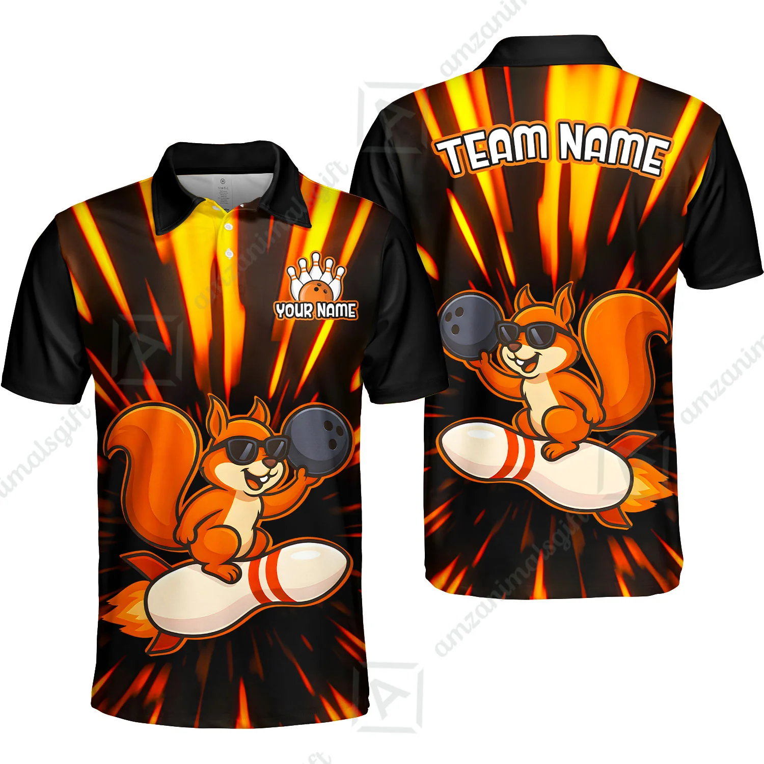 Funny Bowling Custom Polo T-Shirt - Fun Cartoon Flame With Squirrel Wearing Sunglasses, Personalized Bowling Jersey Polo Shirts - Image 4