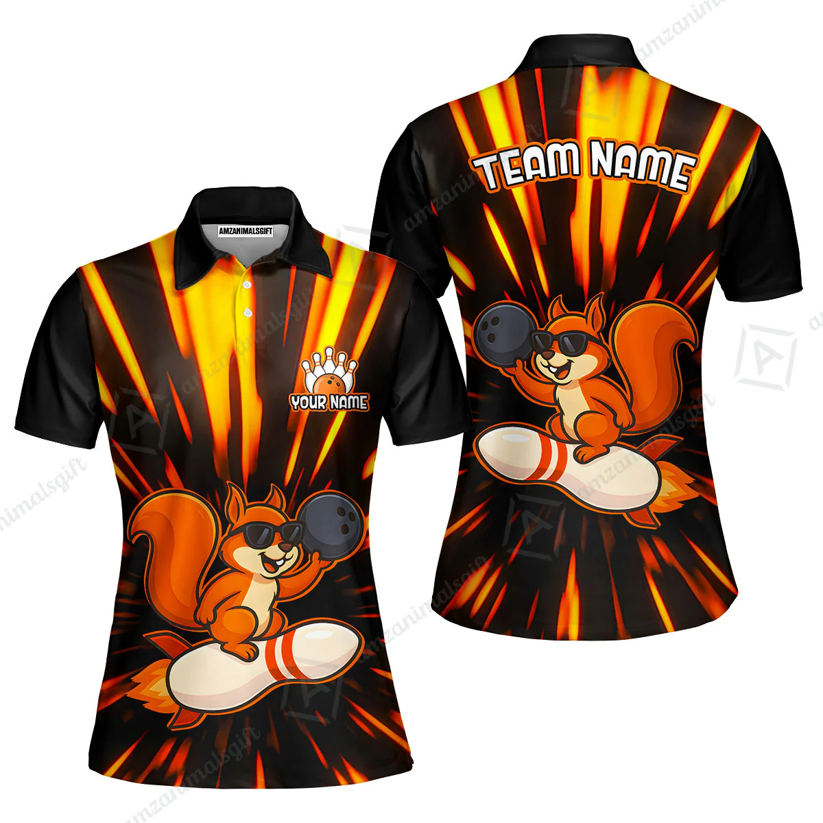 Funny Bowling Custom Polo T-Shirt - Fun Cartoon Flame With Squirrel Wearing Sunglasses, Personalized Bowling Jersey Polo Shirts - Image 5