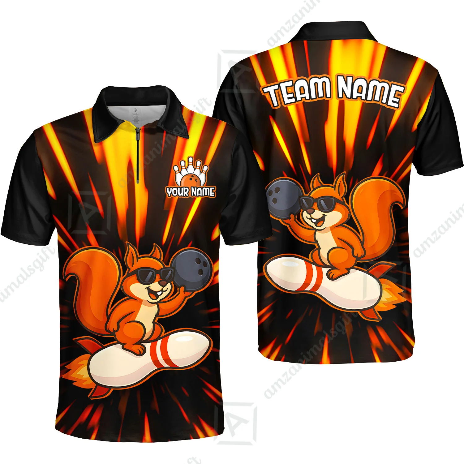 Funny Bowling Custom Polo T-Shirt - Fun Cartoon Flame With Squirrel Wearing Sunglasses, Personalized Bowling Jersey Polo Shirts - Image 6