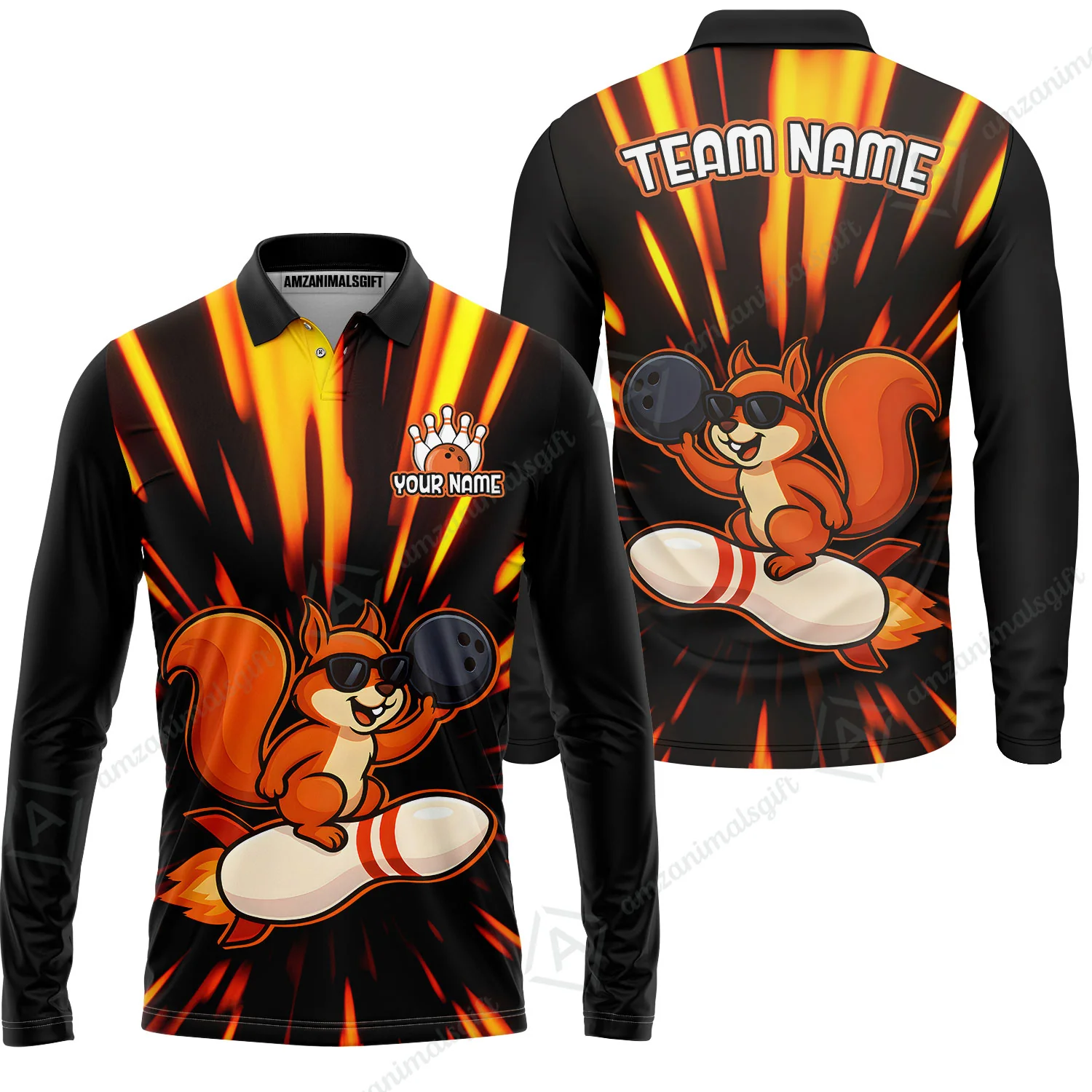 Funny Bowling Custom Polo T-Shirt - Fun Cartoon Flame With Squirrel Wearing Sunglasses, Personalized Bowling Jersey Polo Shirts - Image 7