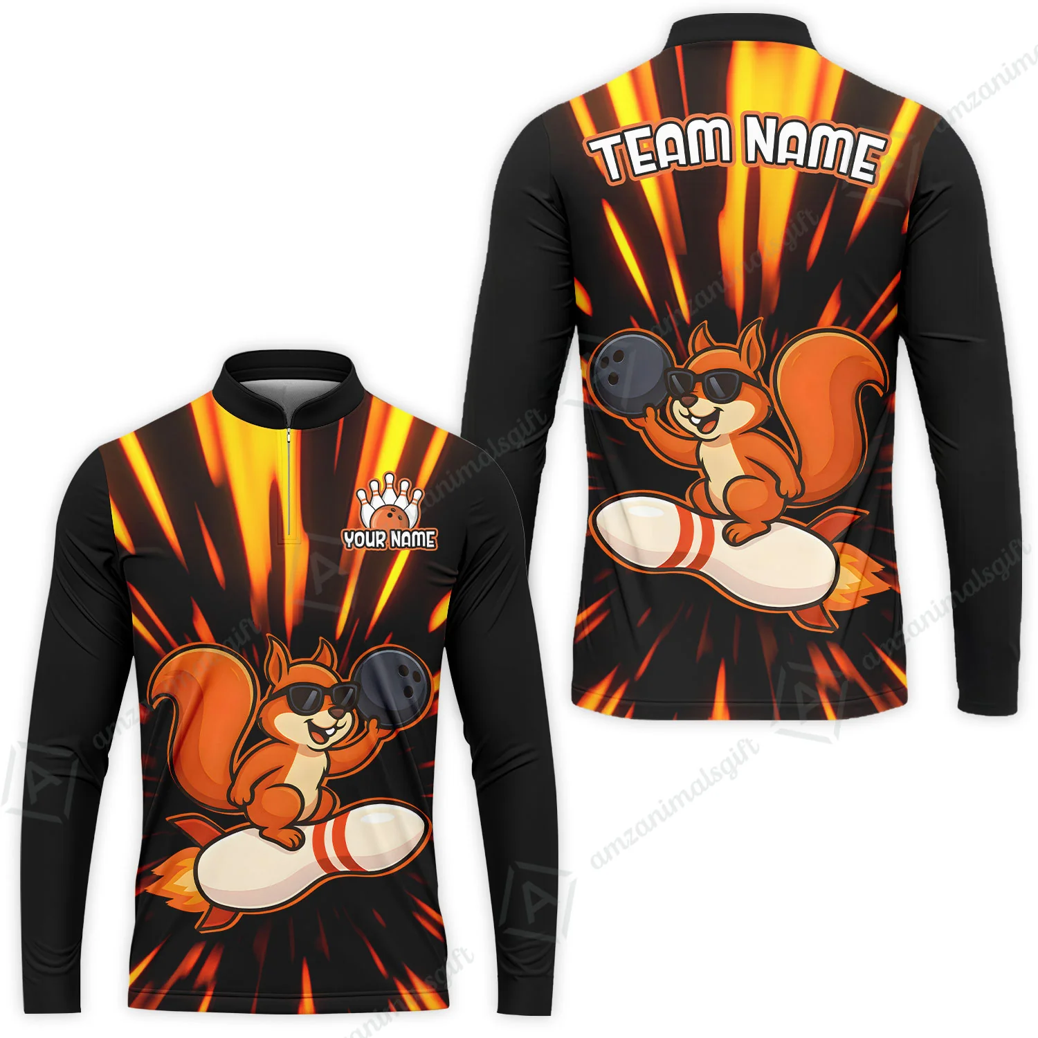 Funny Bowling Custom Polo T-Shirt - Fun Cartoon Flame With Squirrel Wearing Sunglasses, Personalized Bowling Jersey Polo Shirts - Image 8