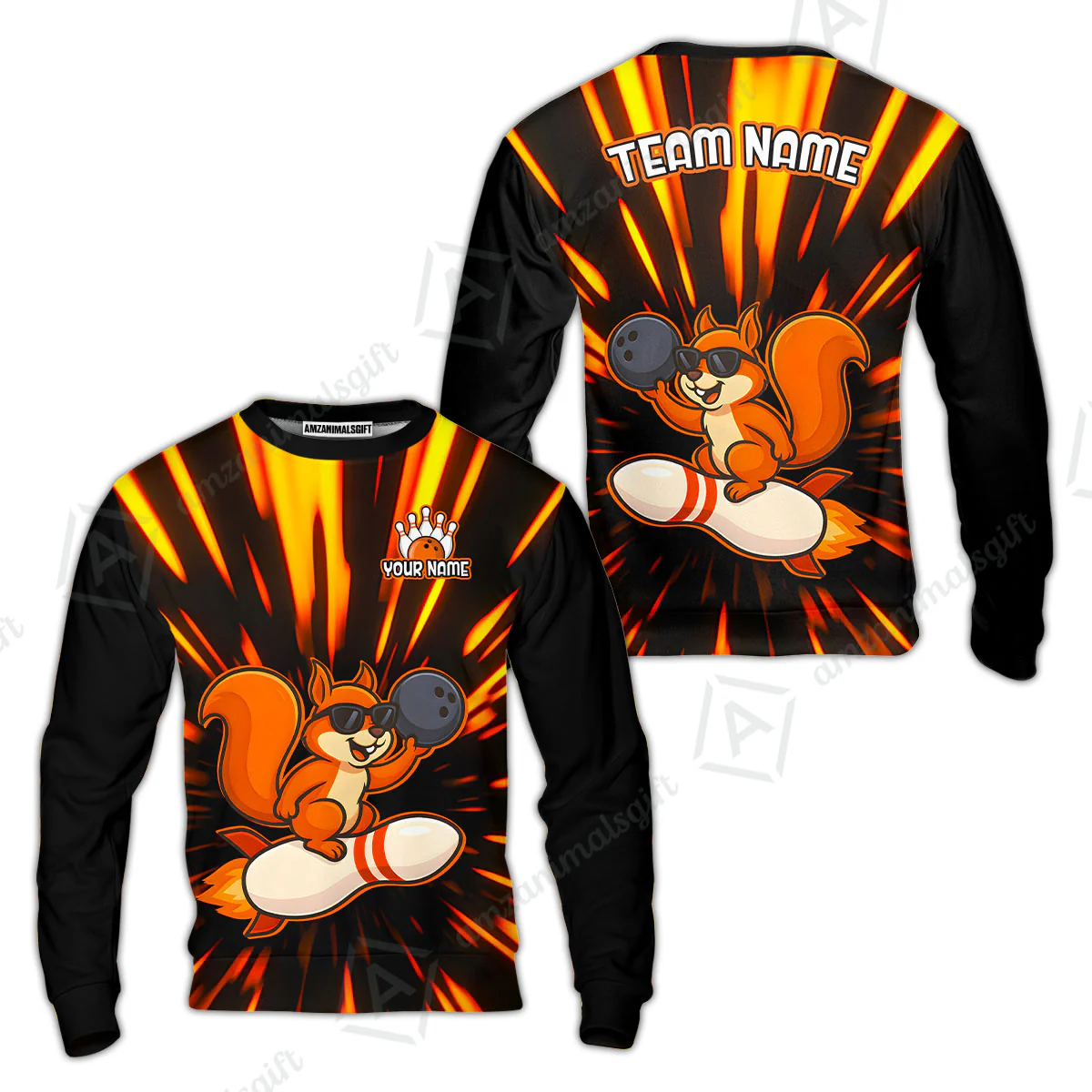 Funny Bowling Custom Polo T-Shirt - Fun Cartoon Flame With Squirrel Wearing Sunglasses, Personalized Bowling Jersey Polo Shirts - Image 9