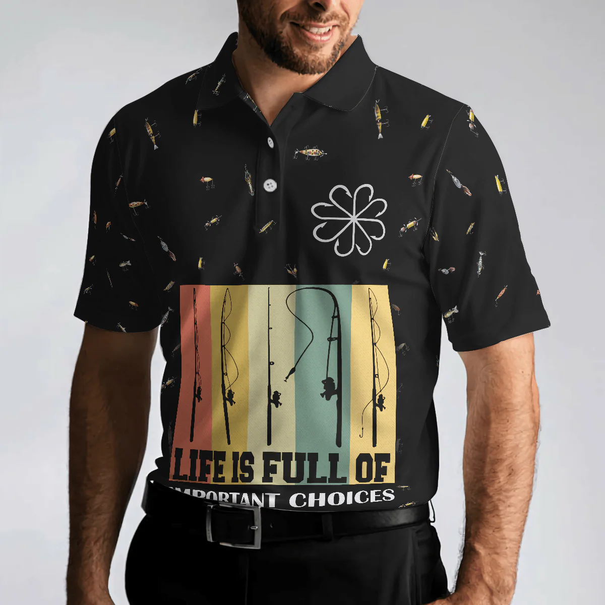 Funny Fishing Story Men Polo Shirt, Life is Full Of Important Choices Polo Shirt, Fishing Bait Pattern Polo Shirt, Funny Fishing Shirt For Men - Image 4