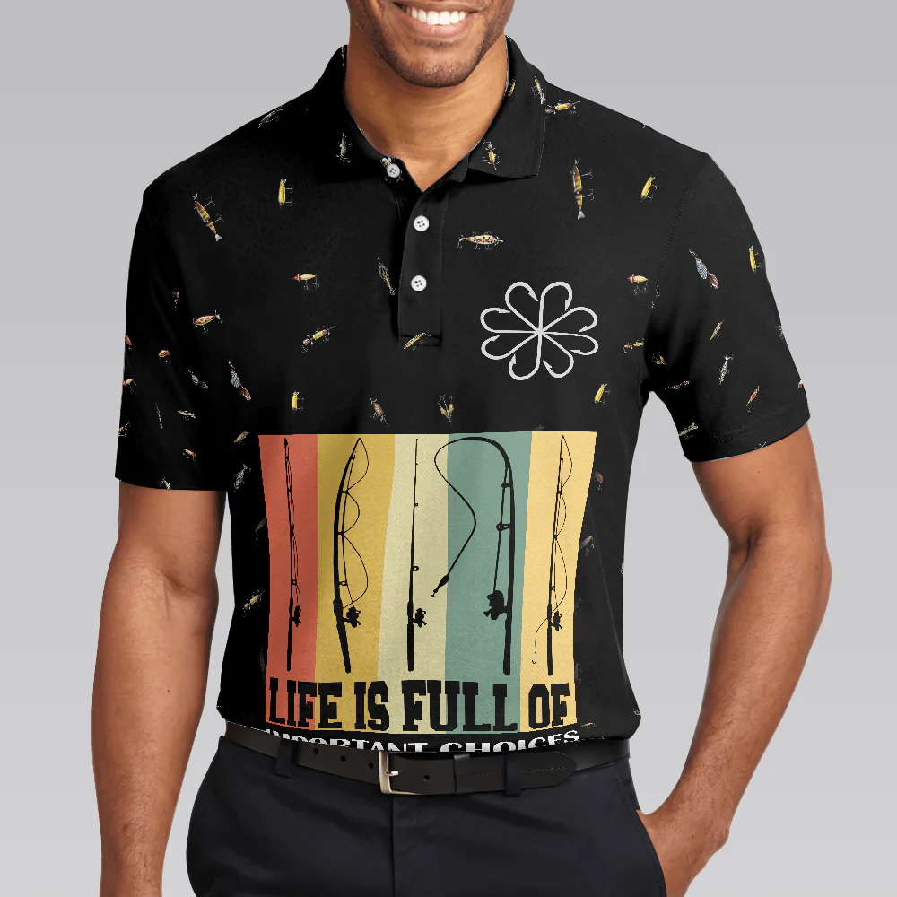 Funny Fishing Story Men Polo Shirt, Life is Full Of Important Choices Polo Shirt, Fishing Bait Pattern Polo Shirt, Funny Fishing Shirt For Men - Image 5