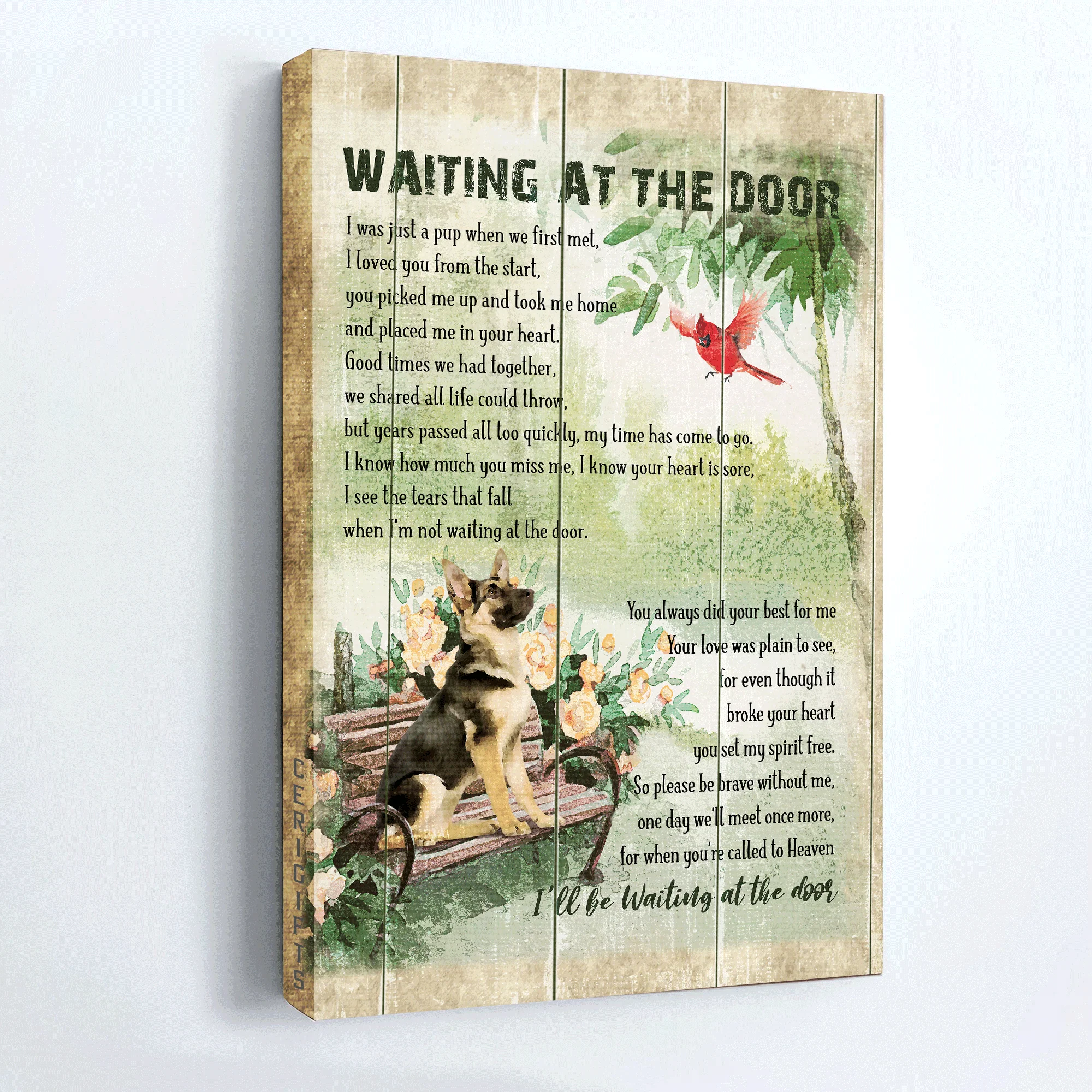 German Shepherd Premium Wrapped Portrait Canvas - German Shepherd, Park, Cardinal, Waiting At The Door For You - Gift For German Shepherd Lovers