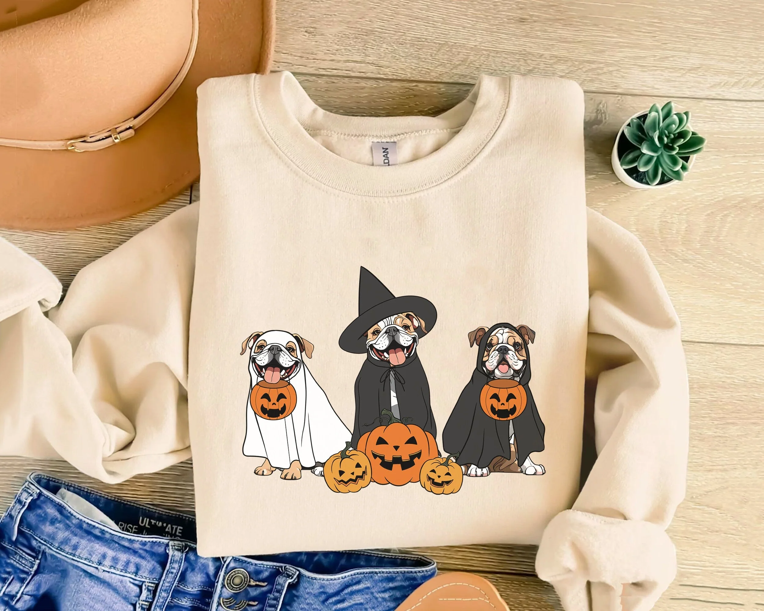 Ghost And Witch Bulldog Sweatshirt, Ghost Bulldog Shirt, Witch Bulldog Shirt, Bulldog Halloween Sweatshirt, Ghost And Witch Dog Shirt - Image 2
