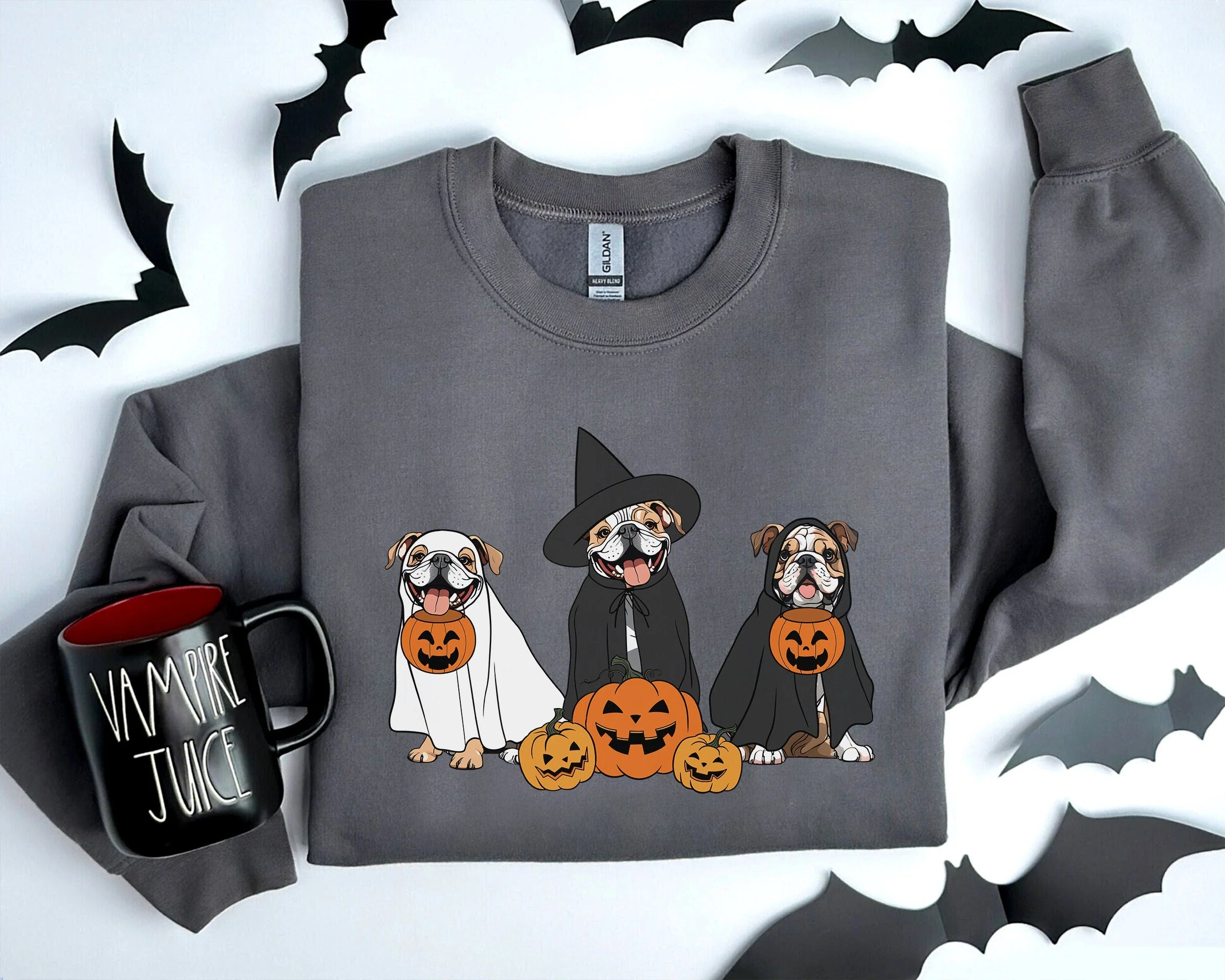 Ghost And Witch Bulldog Sweatshirt, Ghost Bulldog Shirt, Witch Bulldog Shirt, Bulldog Halloween Sweatshirt, Ghost And Witch Dog Shirt - Image 3