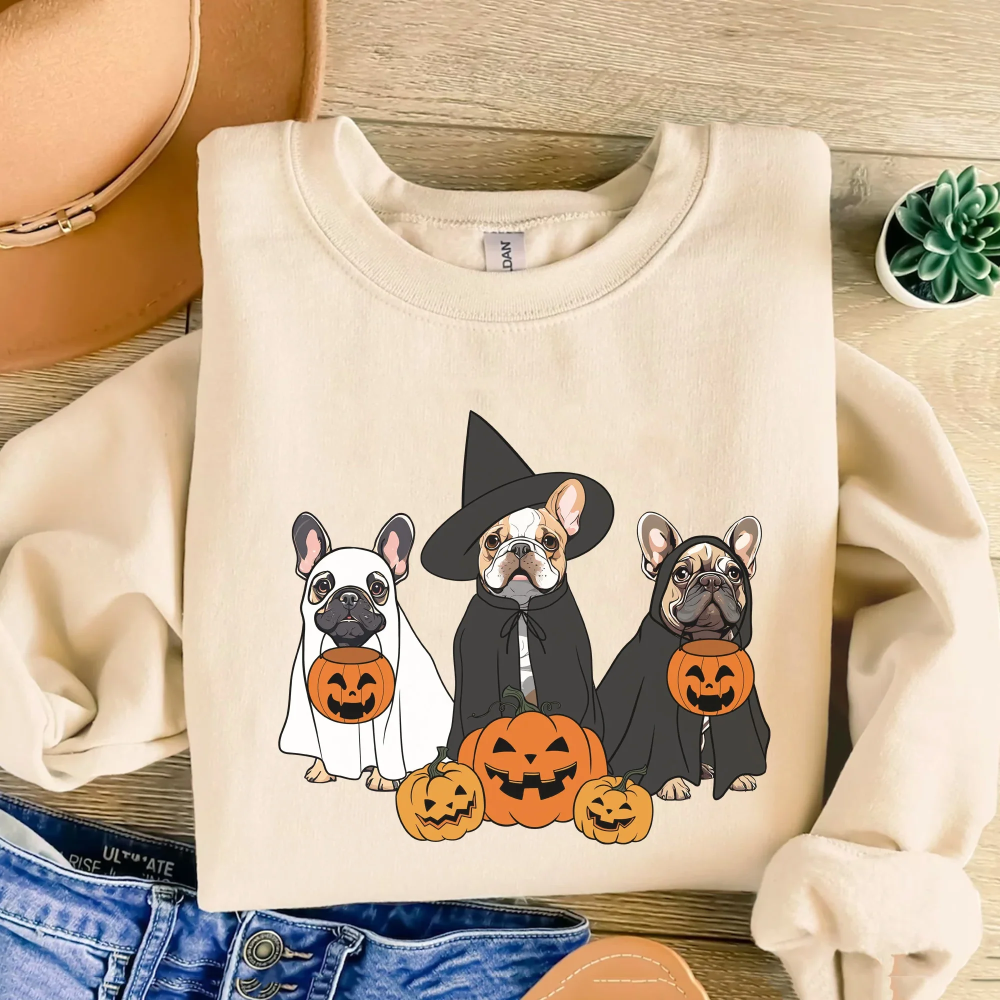 Ghost And Witch French Bulldog Sweatshirt, Ghost French Bulldog Shirt, Witch French Bulldog Shirt, Dog Lover, French Bulldog Halloween Shirt - Image 2
