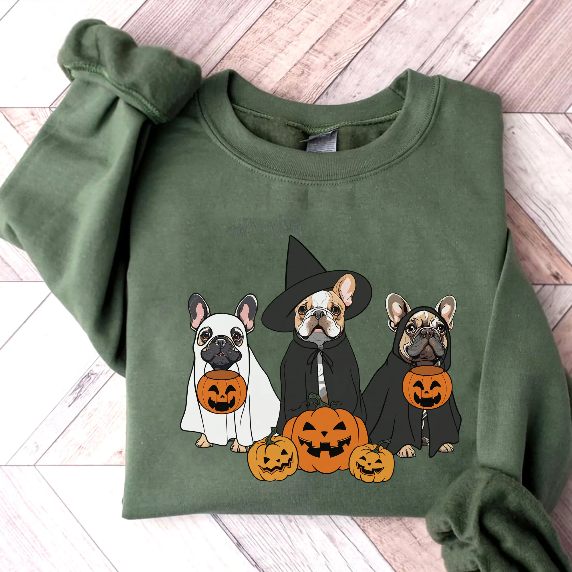 Ghost And Witch French Bulldog Sweatshirt, Ghost French Bulldog Shirt, Witch French Bulldog Shirt, Dog Lover, French Bulldog Halloween Shirt - Image 3