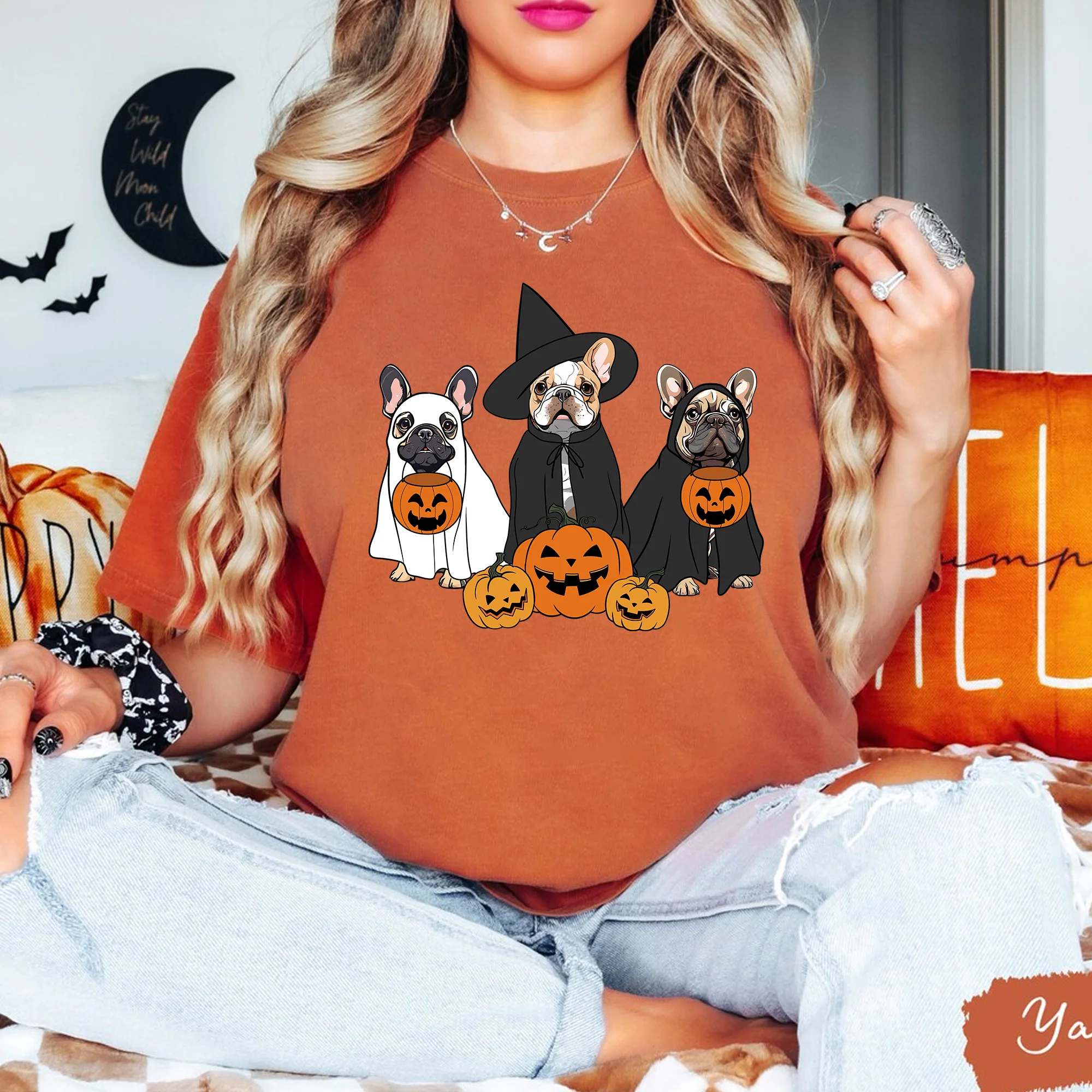Ghost And Witch French Bulldog Sweatshirt, Ghost French Bulldog Shirt, Witch French Bulldog Shirt, Dog Lover, French Bulldog Halloween Shirt - Image 4