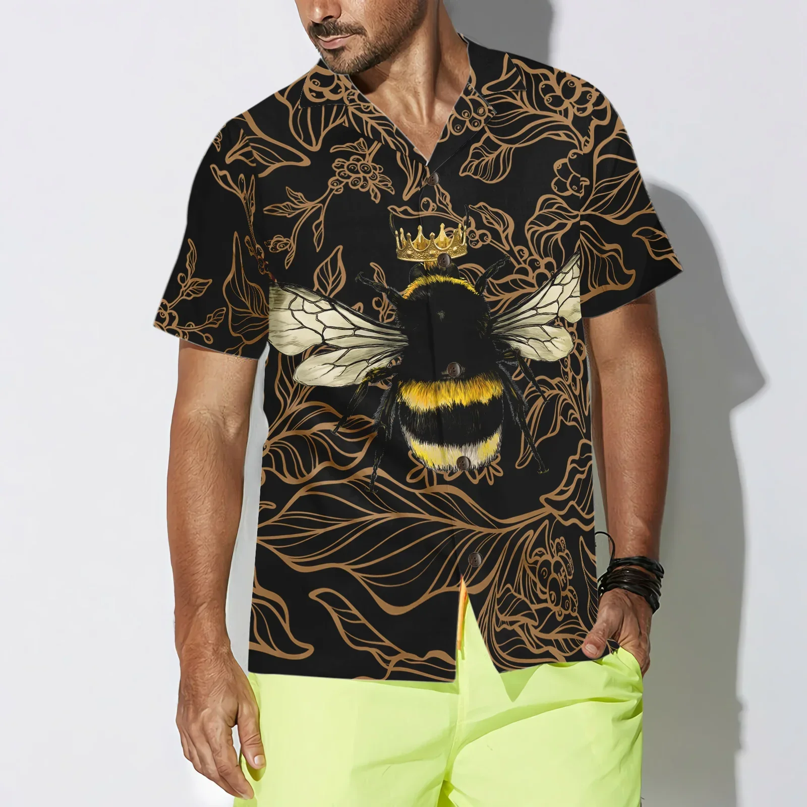 Golden Floral Bee Hawaiian Shirt, Summer Animals Aloha Shirts For Men Women, Perfect Gift For Husband, Wife, Boyfriend, Friend - Image 4