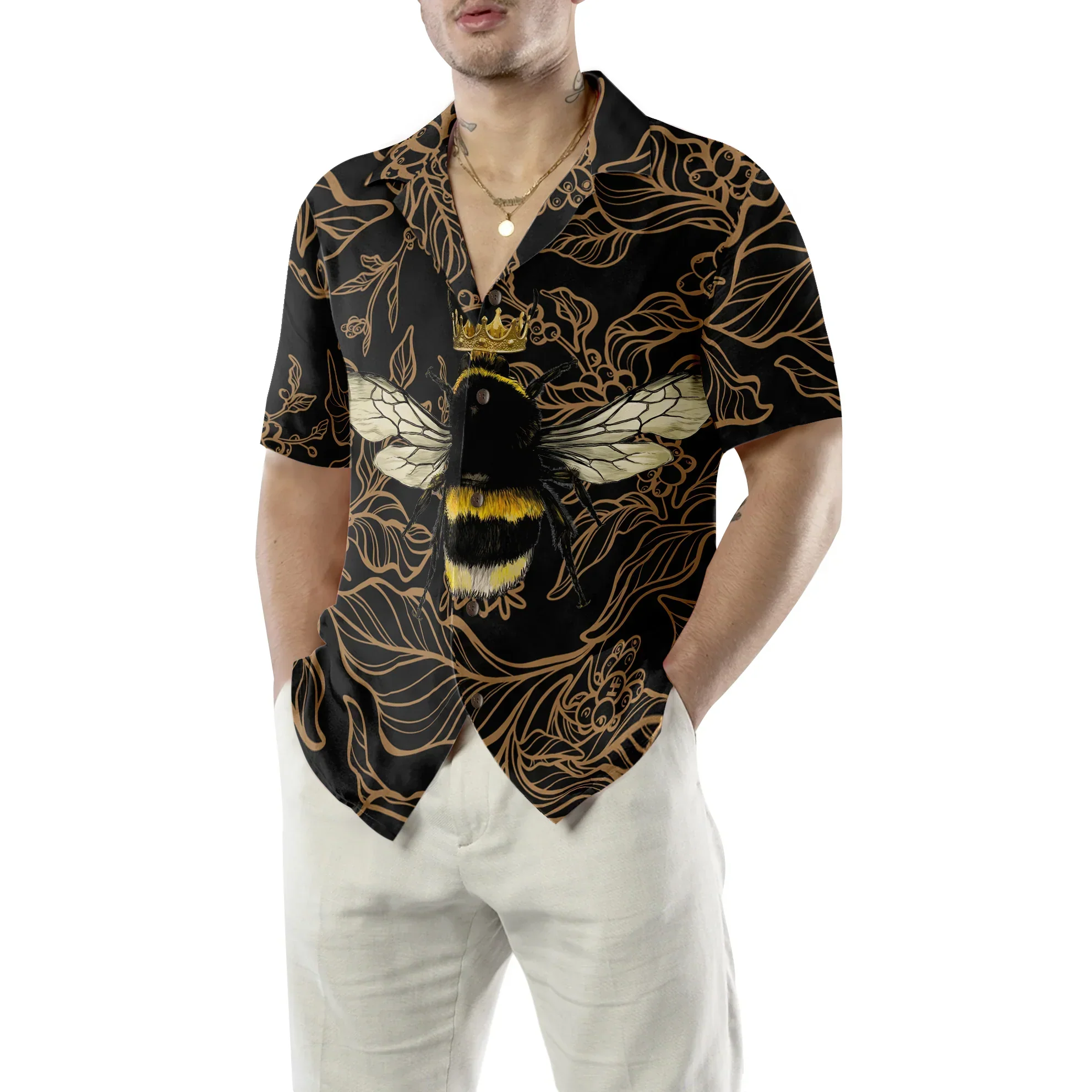 Golden Floral Bee Hawaiian Shirt, Summer Animals Aloha Shirts For Men Women, Perfect Gift For Husband, Wife, Boyfriend, Friend - Image 5