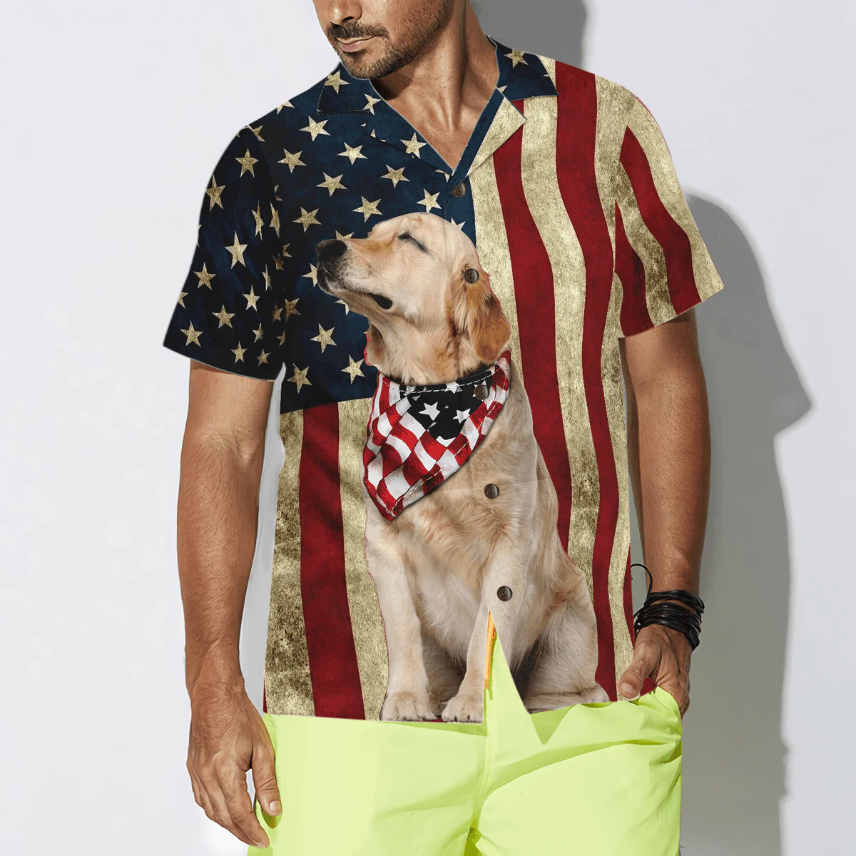 Golden Retriever Hawaiian Shirt, American Flag Aloha Shirt For Men - Perfect Gift For Golden Retriever Lover, Husband, Boyfriend, Friend, Family - Image 4
