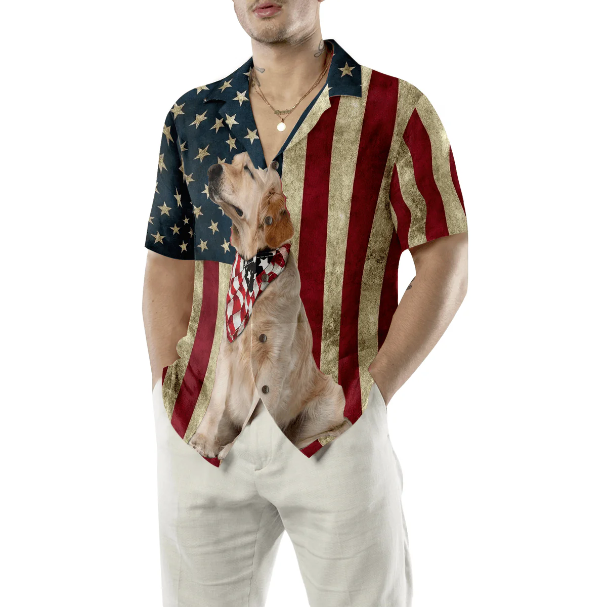 Golden Retriever Hawaiian Shirt, American Flag Aloha Shirt For Men - Perfect Gift For Golden Retriever Lover, Husband, Boyfriend, Friend, Family - Image 5