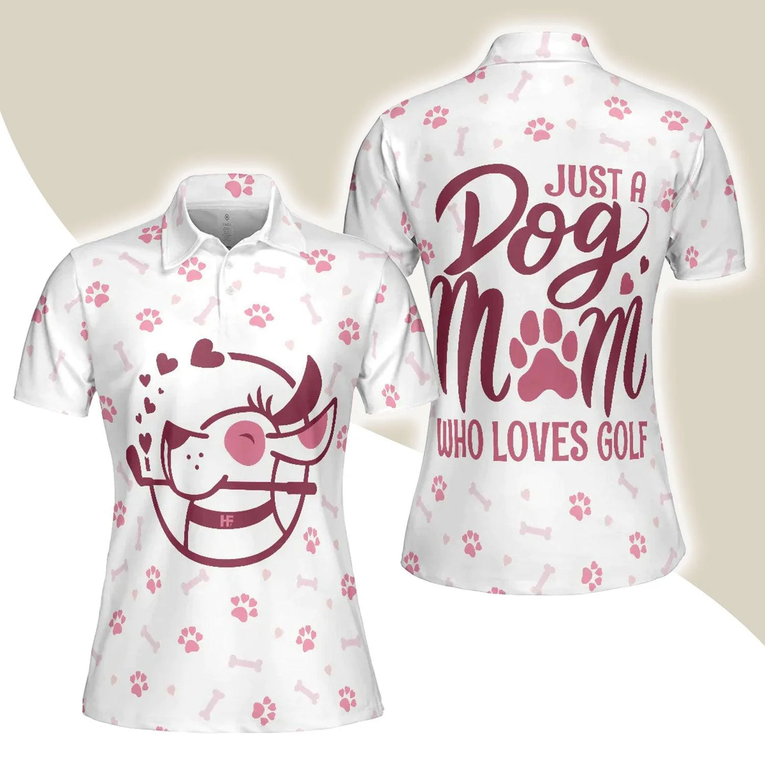Golf And Dog Women Polo Shirt, White And Pink Women Polo Shirts, Golf Gift For Dog Lovers, Just A Dog Mom Who Loves Golf