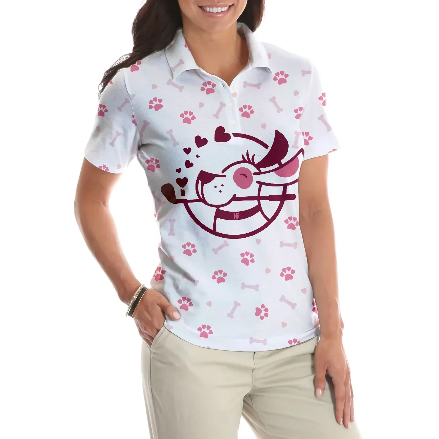 Golf And Dog Women Polo Shirt, White And Pink Women Polo Shirts, Golf Gift For Dog Lovers, Just A Dog Mom Who Loves Golf - Image 6