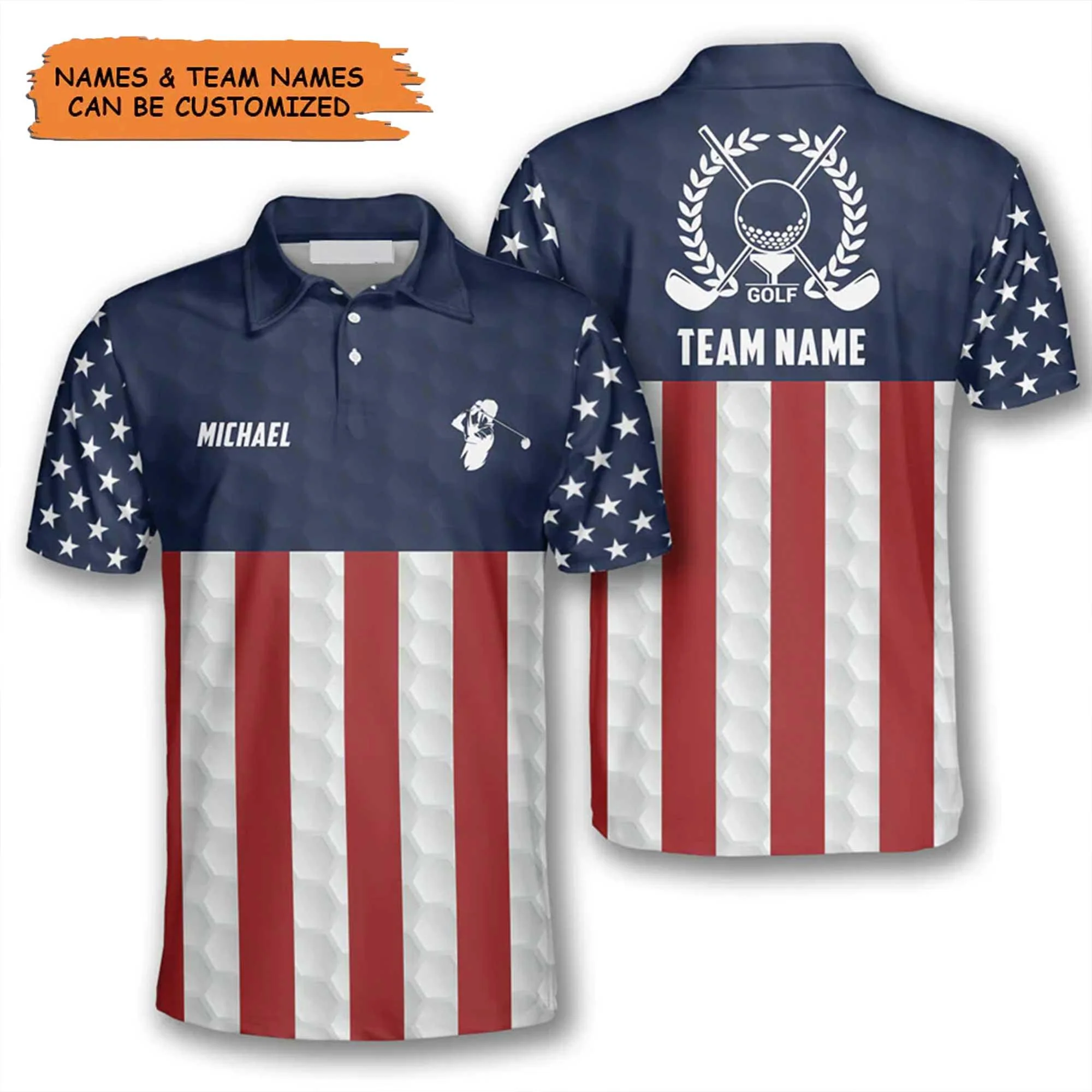Golf Custom Men Polo Shirt, Personalized Patriotic American Flag Emblem Independence Day Polo Shirts For Men, 4th Of July Gift For Golfer, Golf Lover