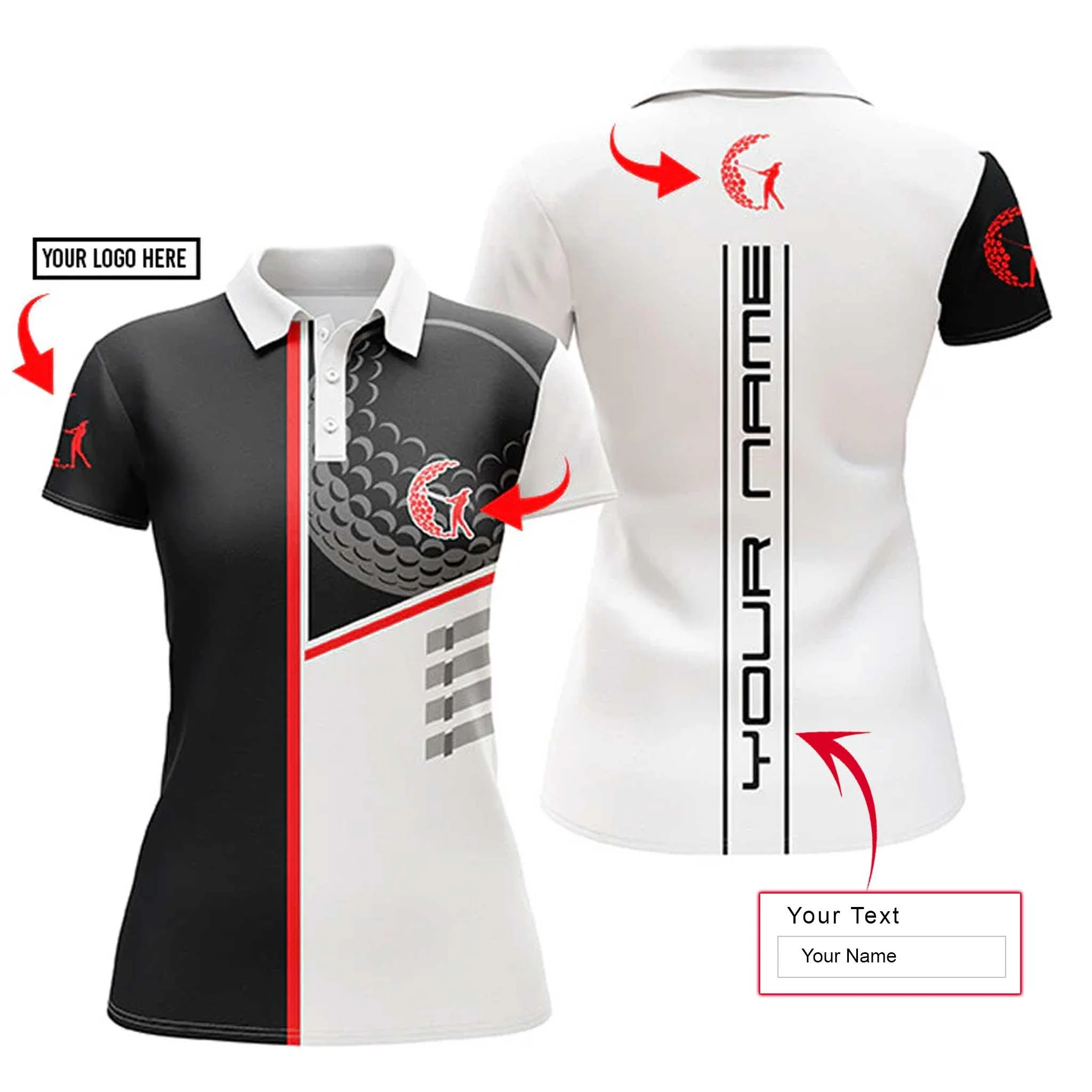 Golf Custom Name And Logo Women Polo Shirt, Golf Club Black & White Personalized Women Polo Shirts, Golfing Gift For Ladies, Golfers, Golf Lovers