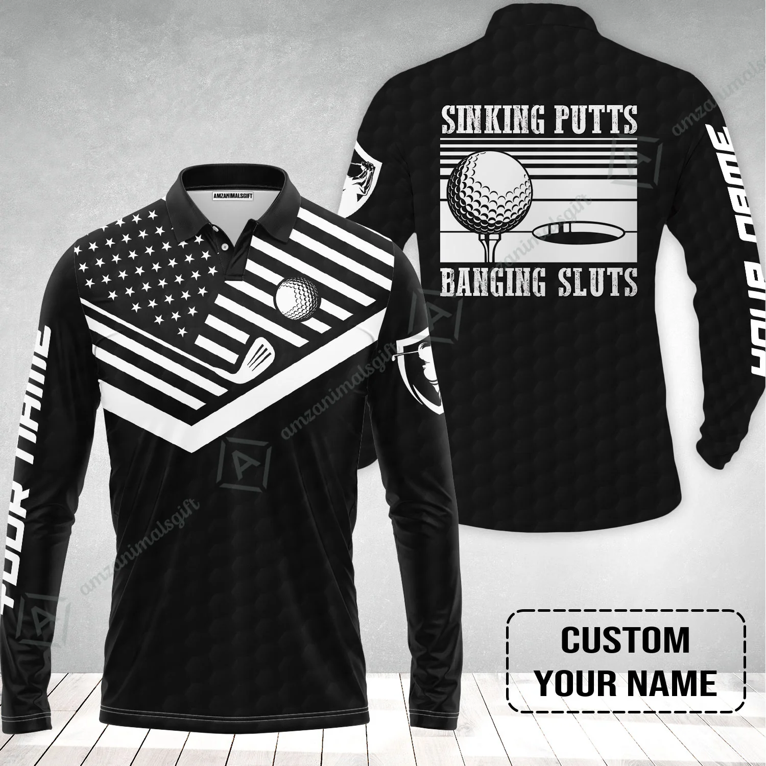 Golf Custom Name Long Polo Shirt- Sinking Putts Banging Sluts Custom Name, Personalized Black Golf Pattern Long Polo Shirt - Image 2
