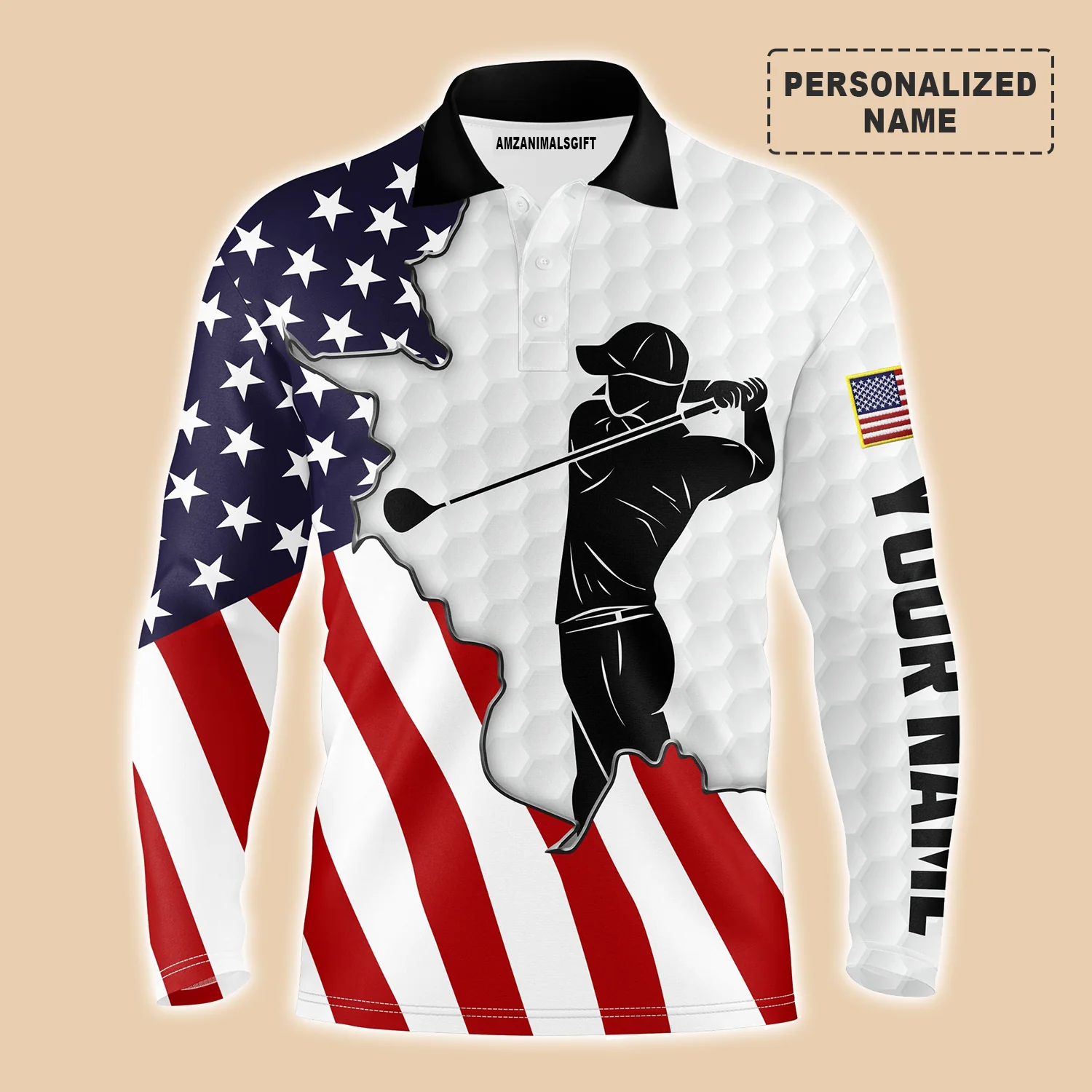 Golf Custom Name Men Polo Shirt - American Flag Patriotic White Apparel - Personalized Best Gift For Golf Lover, Team, Golfer, 4th July - Image 3