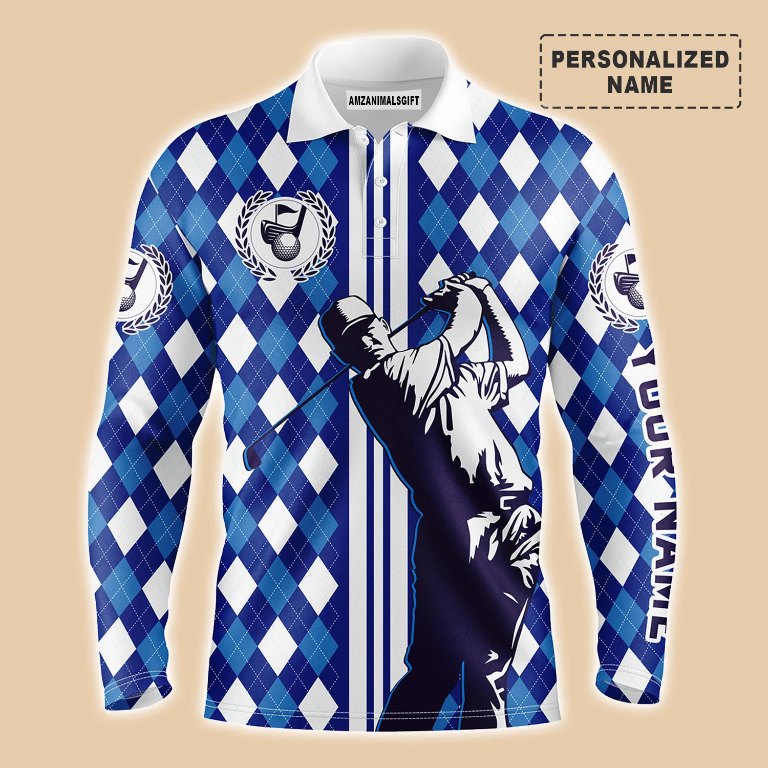 Personalized Golf Men Polo Shirts - Golf Custom Name Men Polo Shirt - Blue Argyle Pattern Men Golfing Apparel - Personalized Best Gift For Golf Lover - Image 3