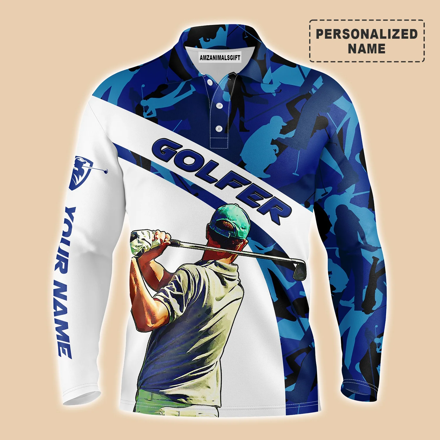 Golf Custom Name Men Polo Shirt - Blue Camo Pattern Golfing Apparel - Personalized Best Gift For Golf Lover, Team, Golfer - Image 3