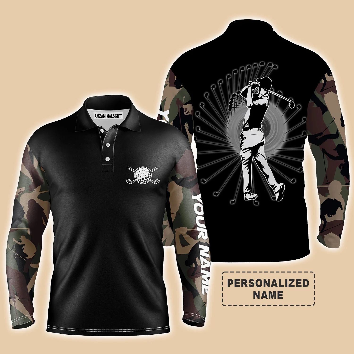 Golf Custom Name Men Polo Shirt - Camo Black Pattern Men Golfing Apparel - Personalized Best Gift For Golf Lover, Team, Golfer - Image 3