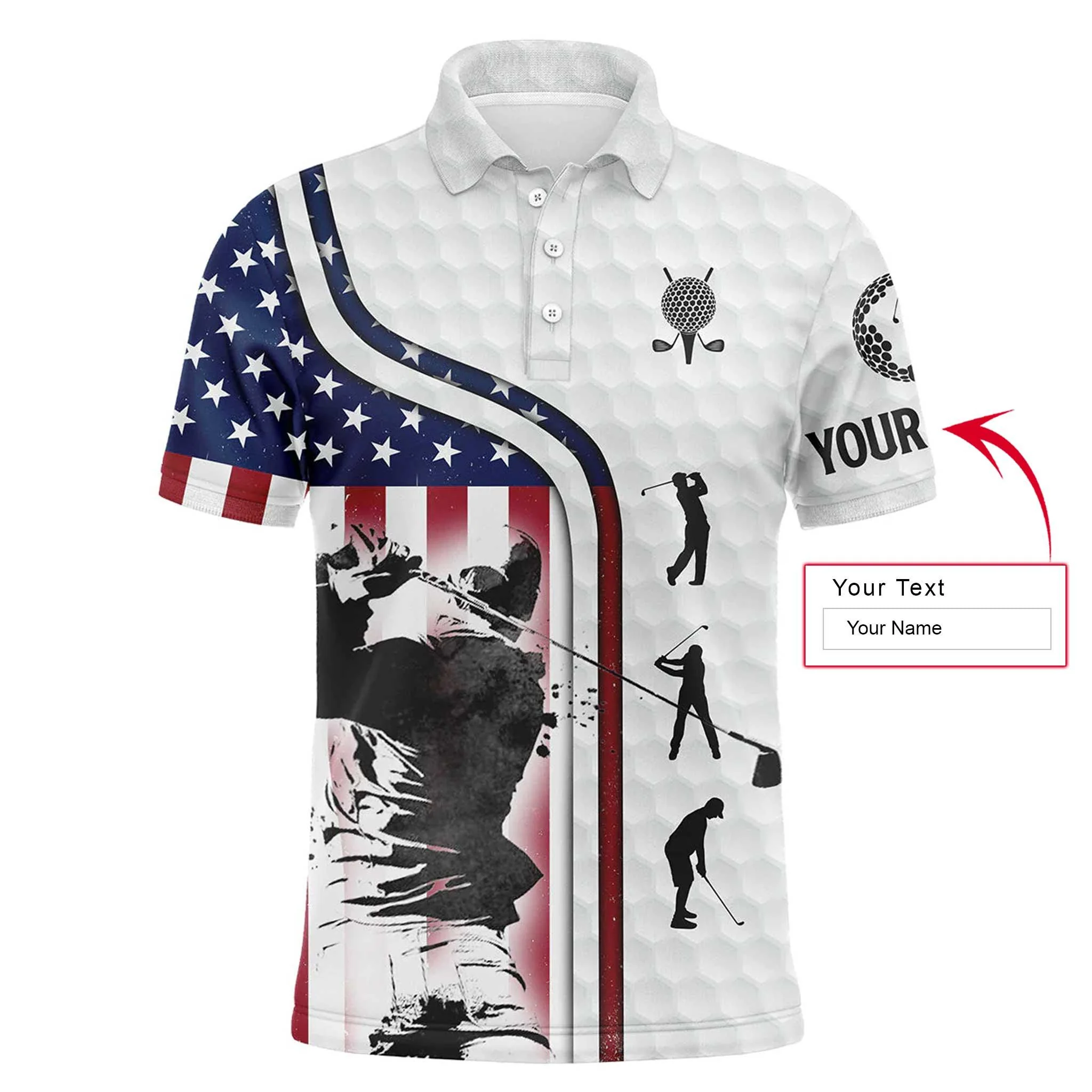 Golf Custom Name Men Polo Shirt - Red White Blue American Flag Patriotic 4th Of July Men Polo Shirt - Personalized Best Gift For Golf Lover, Team, Golfer