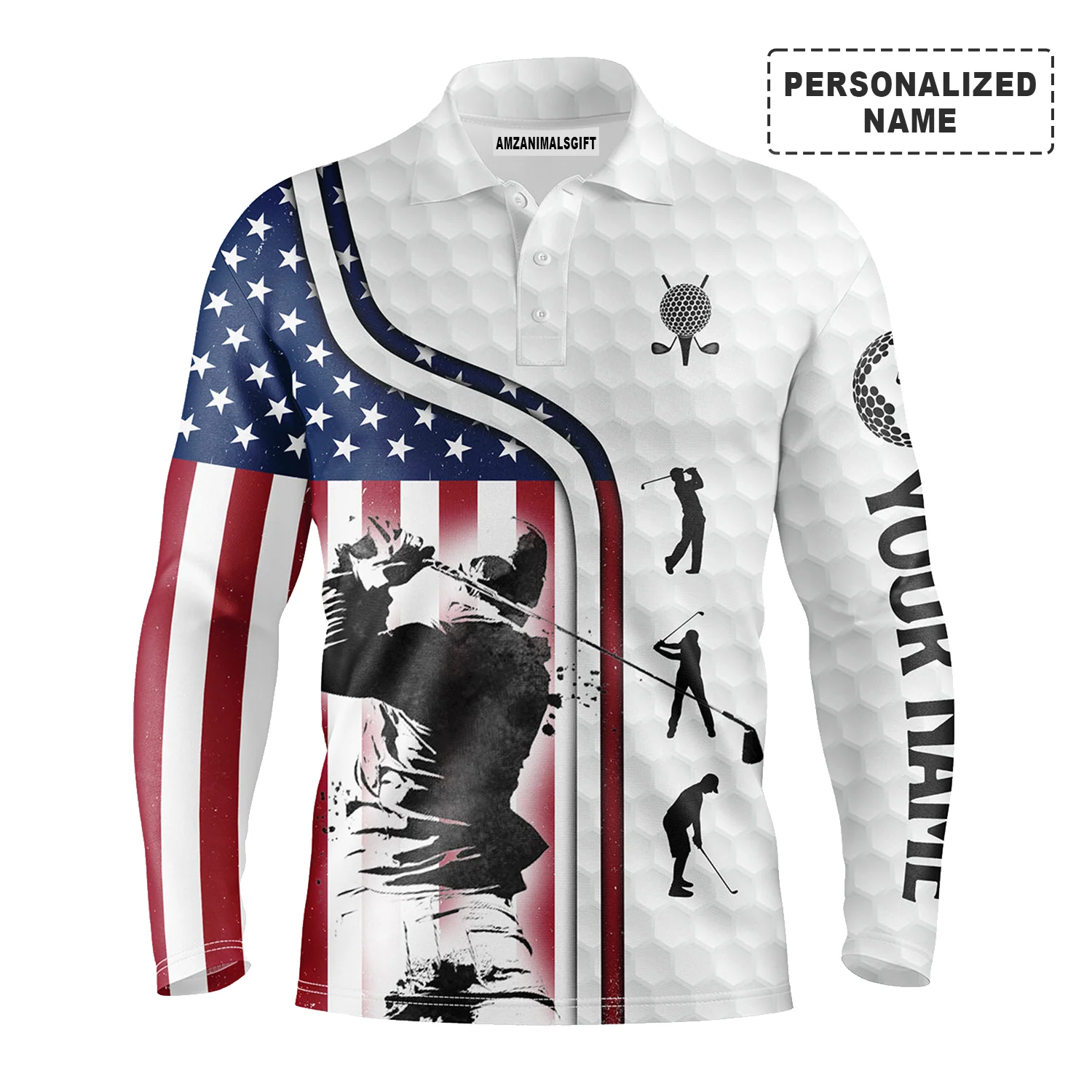 Golf Custom Name Men Polo Shirt - Red White Blue American Flag Patriotic 4th Of July Men Polo Shirt - Personalized Best Gift For Golf Lover, Team, Golfer - Image 2