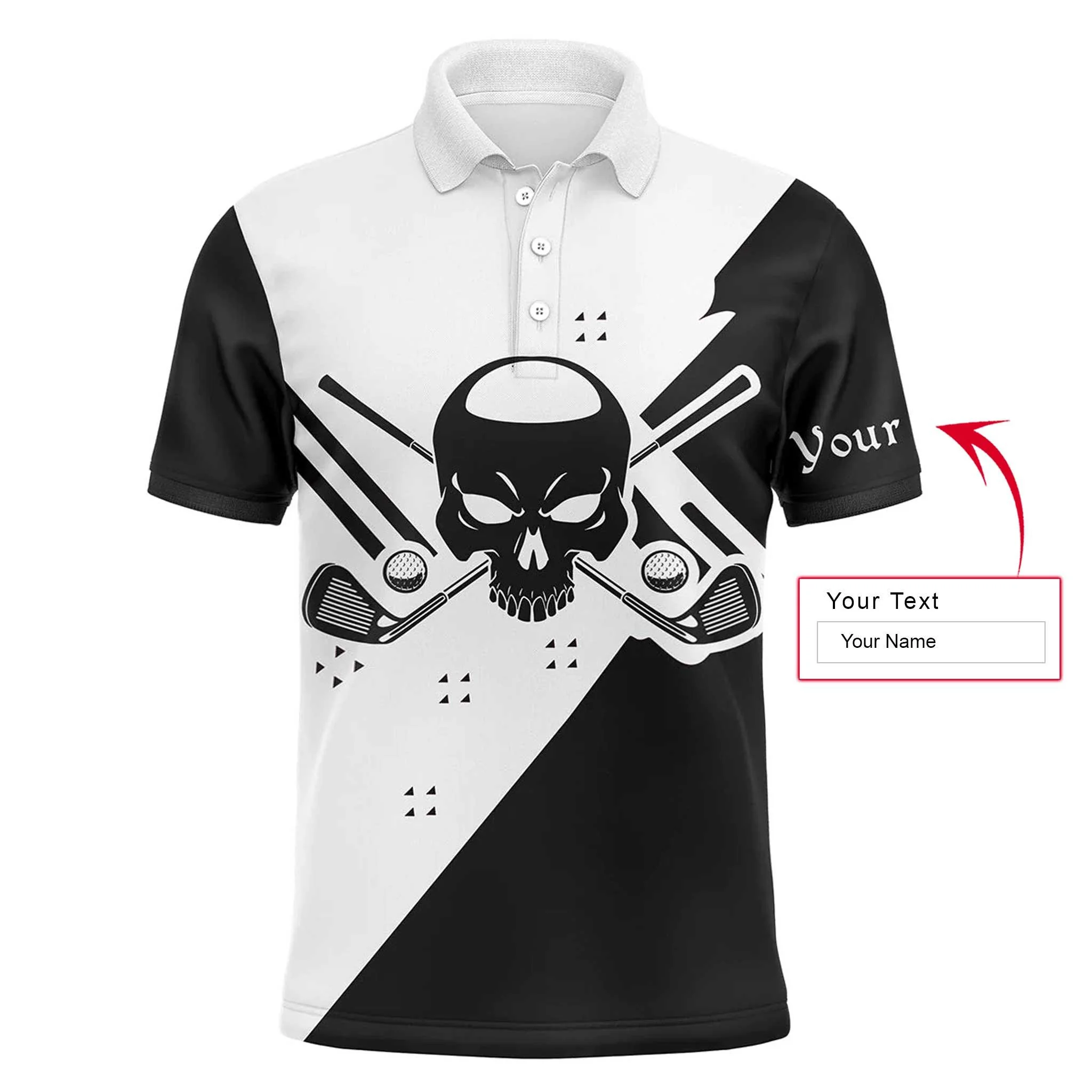 Golf Custom Name Men Polo Shirt - Skull Black & White Apparel Men Polo Shirt- Personalized Best Gift For Golf Lover, Team, Golfer