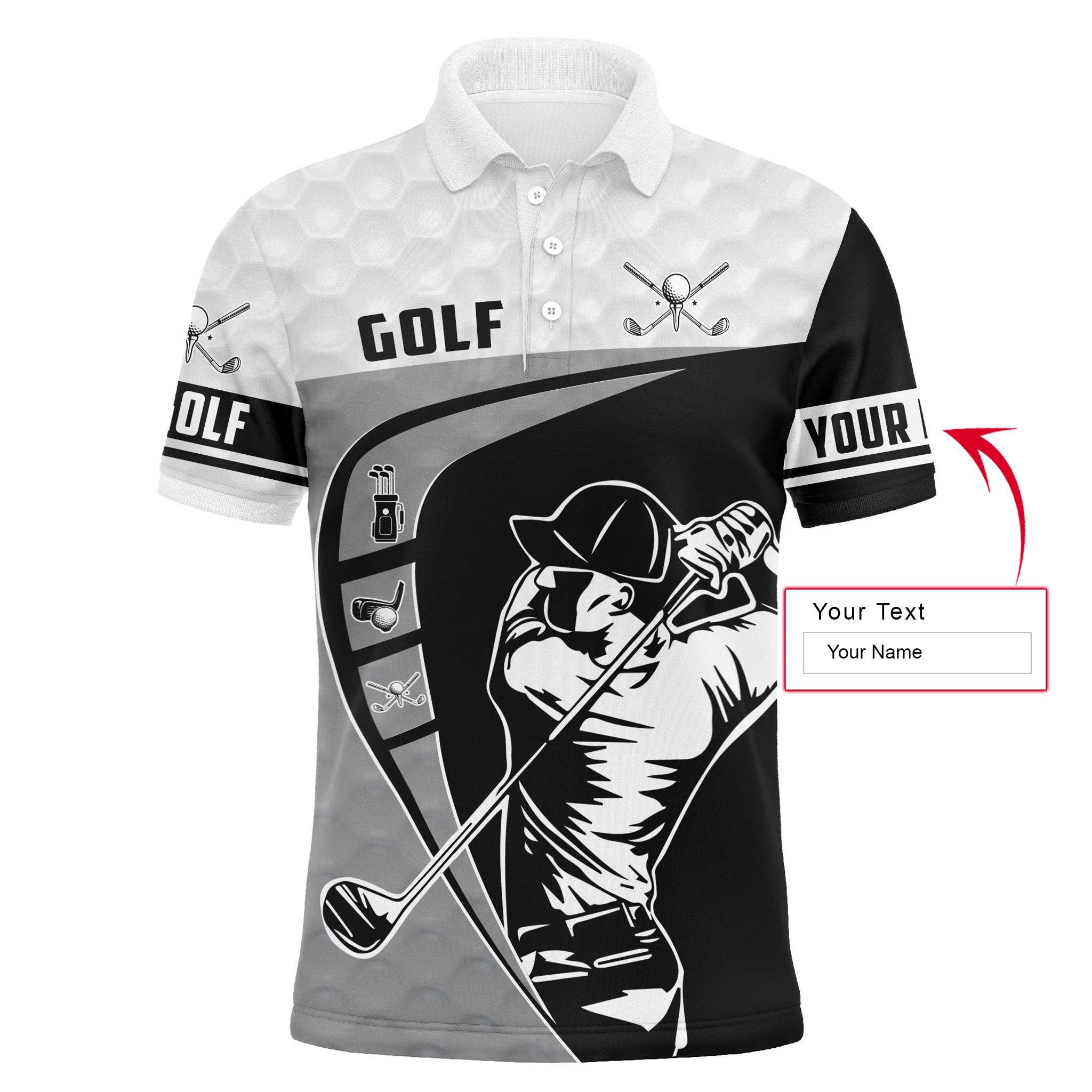 Golf Custom Name Men Polo Shirts - Men Golfing Black & White Apparel Men Polo Shirt - Personalized Gift For Golf Lover, Golfer, Men