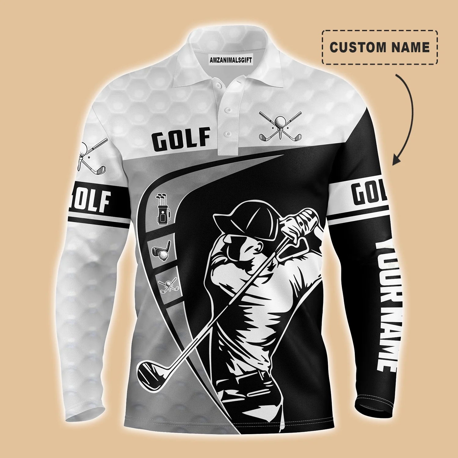 Golf Custom Name Men Polo Shirts - Men Golfing Black & White Apparel Men Polo Shirt - Personalized Gift For Golf Lover, Golfer, Men - Image 2