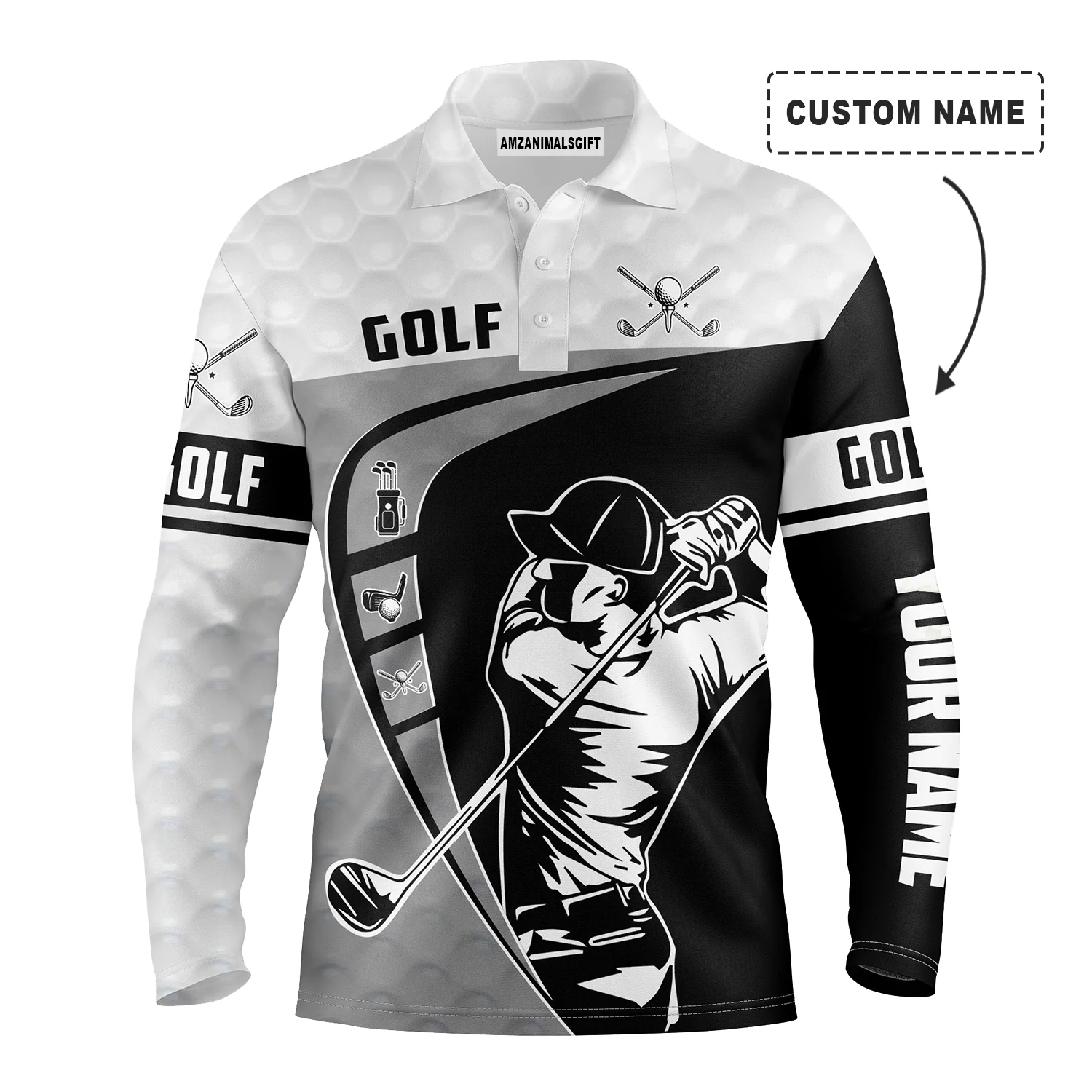 Golf Custom Name Men Polo Shirts - Men Golfing Black & White Apparel Men Polo Shirt - Personalized Gift For Golf Lover, Golfer, Men - Image 3