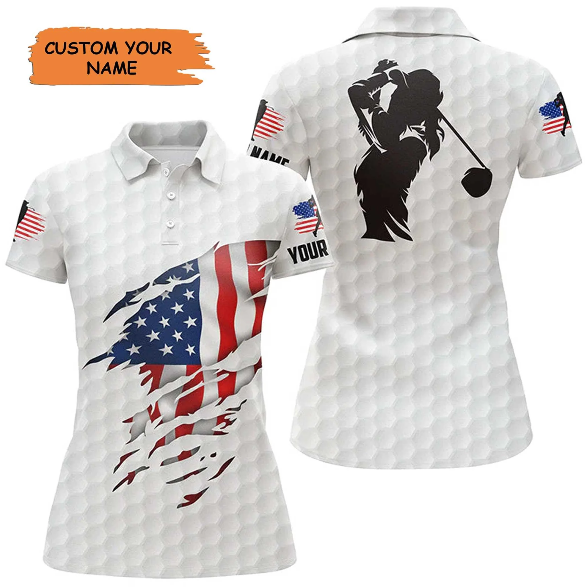 Golf Custom Name Women Polo Shirt, American Flag Patriotic Personalized Outfit Women Polo Shirts, Golf Tops, Gift For Ladies, Golf Lovers, Golfers
