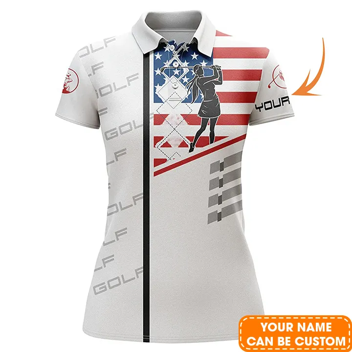 Golf Custom Name Women Polo Shirt, American Flag Pattern Personalized Women Polo Shirt- Perfect Gift For Ladies, Golf Girl, Golfers, Golf Lovers - Image 2