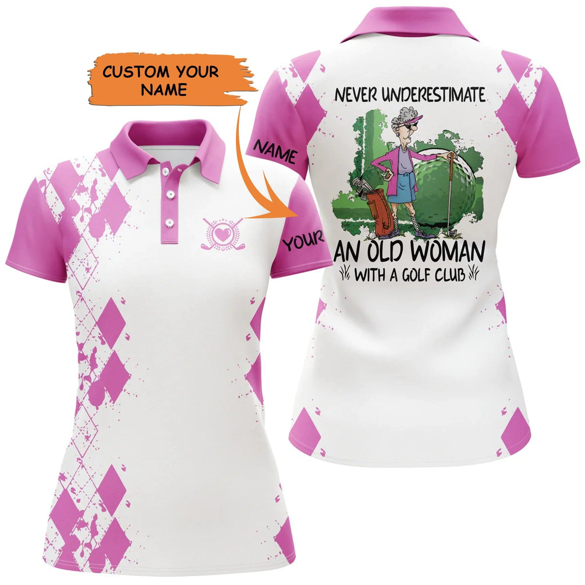 Golf Custom Name Women Polo Shirt, Argyle Pattern An Old Woman Multi-color Personalized Women Polo Shirt, Gift For Ladies, Golfers, Golf Lovers - Image 3
