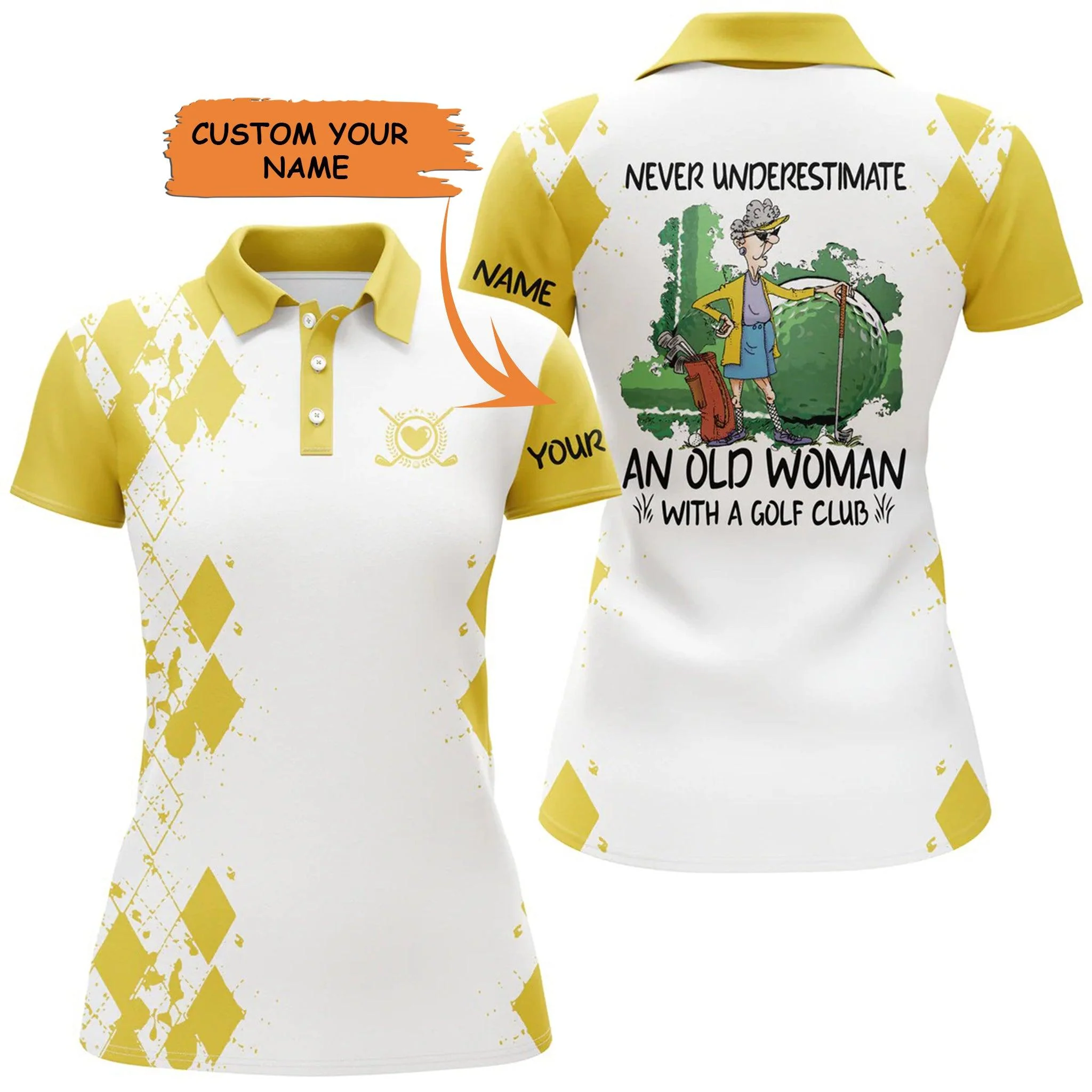 Golf Custom Name Women Polo Shirt, Argyle Pattern An Old Woman Multi-color Personalized Women Polo Shirt, Gift For Ladies, Golfers, Golf Lovers - Image 4